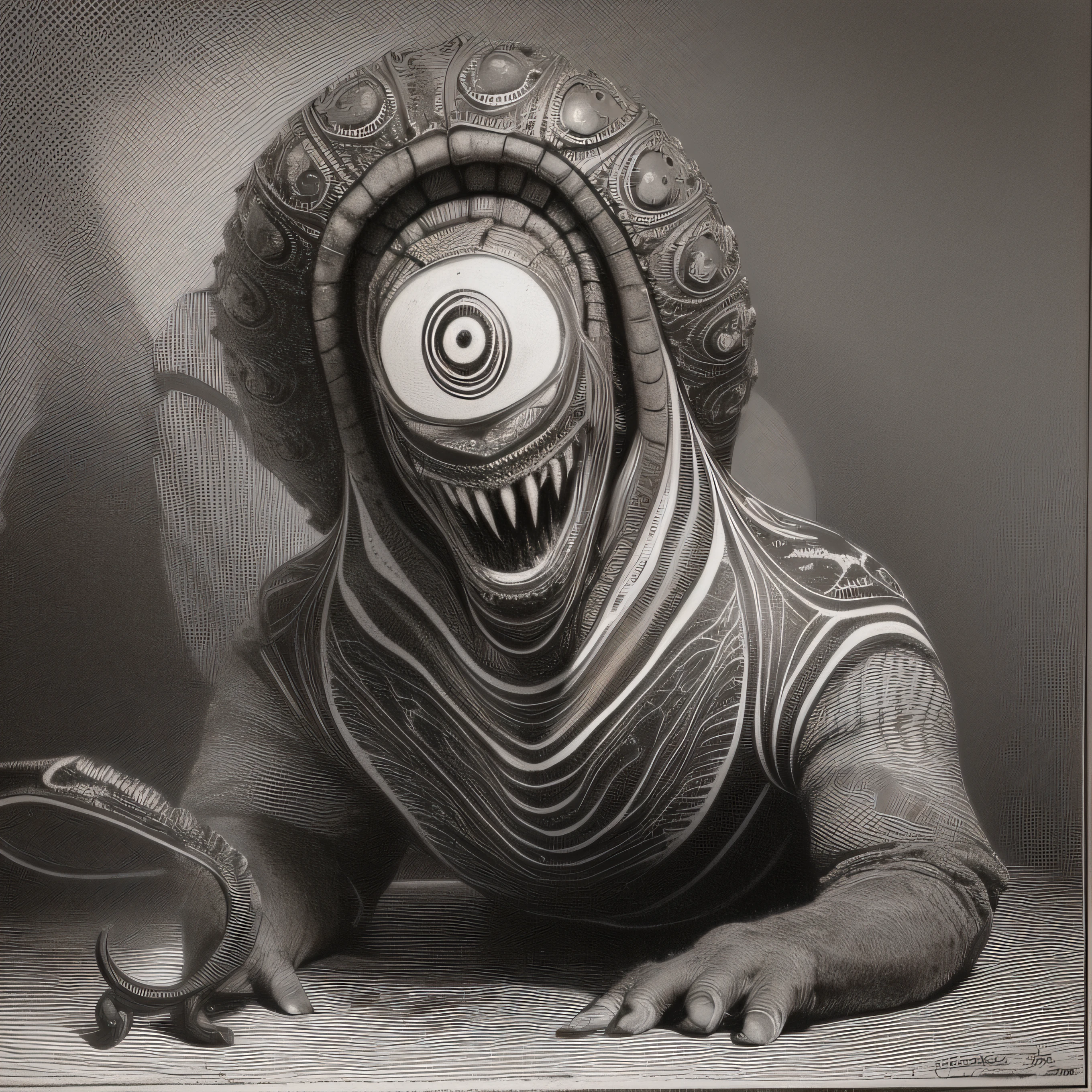 (extremadamente detallado, obra maestra, La mejor calidad), Estilo oscuro, intense illumination, rostro con arrugas, lengua larga, tentacle, pinzas de cangrejo, ojos de cangrejo, monstruoso, alien con Colmillos finos, pico de pulpo amenazante. manchas de tinta. Rococo composition. Luz de caravaggio