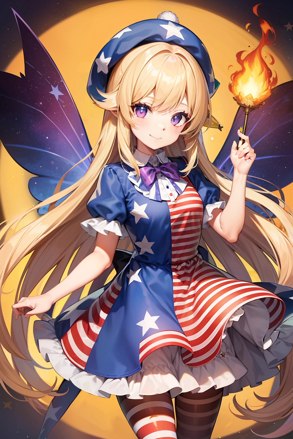 1girl,american_flag,american_flag_dress,american_flag_legwear,blonde_hair,dress,fairy,fairy_wings,fire,frilled_shirt_collar,full_body,hat,jester_cap,long_hair,looking_at_viewer,neck_ruff,pantyhose,polka_dot,polka_dot_headwear,print_legwear,purple_eyes,short_dress,smile,solo,star_(symbol),star_print,striped,striped_dress,striped_legwear,torch,transparent_background,very_long_hair,wings,clownpiece