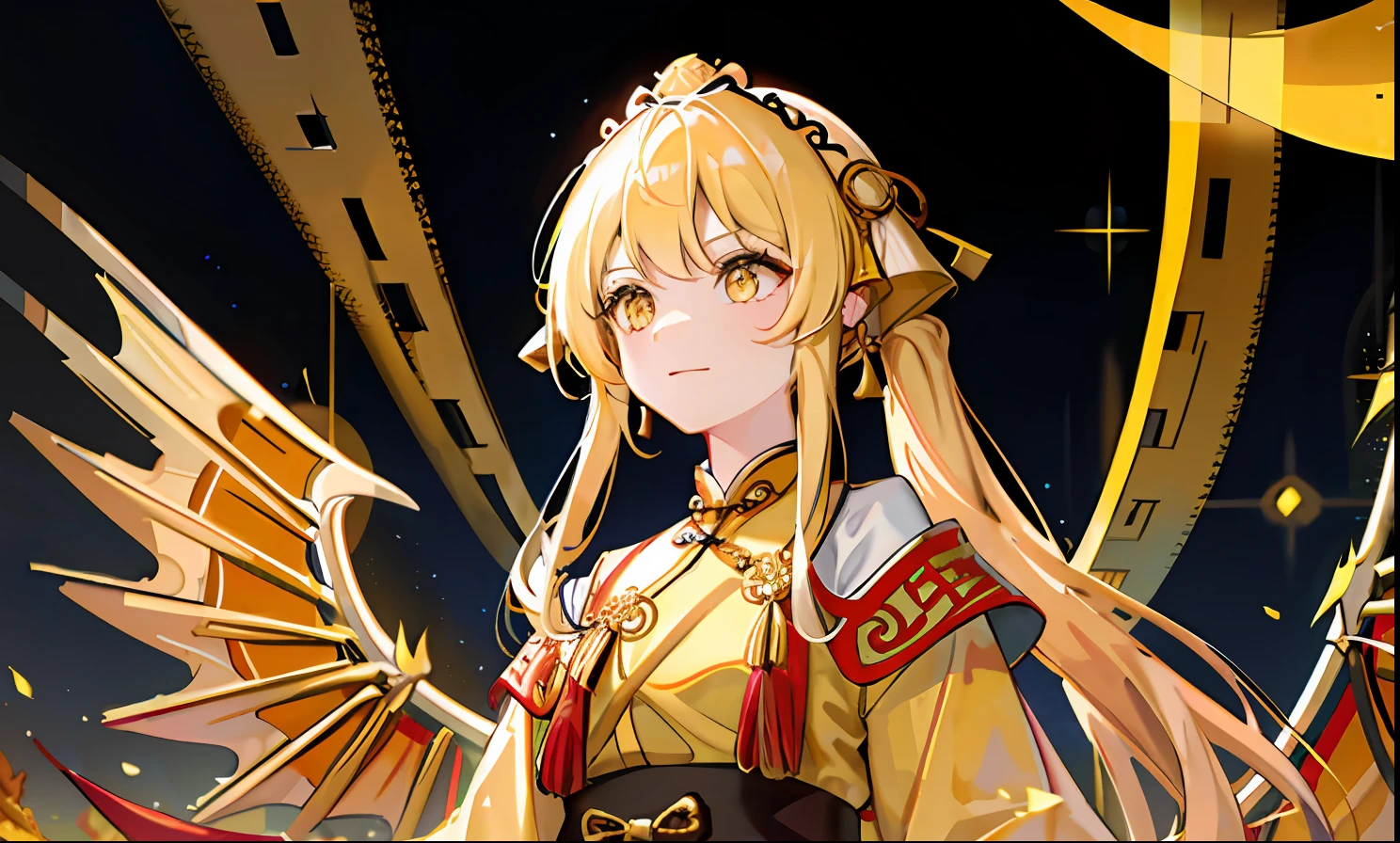1girll, Qing Dynasty Yellow Dragon Banner,Qing dynasty yellow dragon robe,Looking up at the perspective,cabellos largos dorados,Golden eyes,Golden decoration,Divine golden light,divino,gold light,Majesty