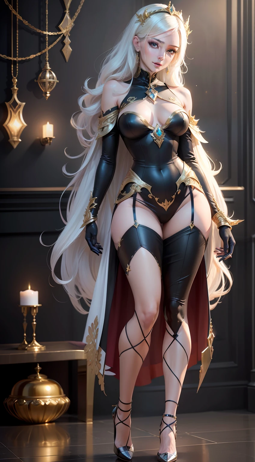 （Full body photo：2）, （There is only one character：1.2）, Must have stockings and high heels, Must have extra-long gloves, Very many crystal gemstone jewelry, High-value jewelry, It is forbidden to appear men, Detailed and complex background, glittery, Light smile, High detail, Chiaroscuro, Cinematic lighting, reflective light, hyper HD, Masterpiece, Anatomically correct, Textured skin, Super detail, High quality, High details, Award-Awarded, Best quality, A high resolution, 16k