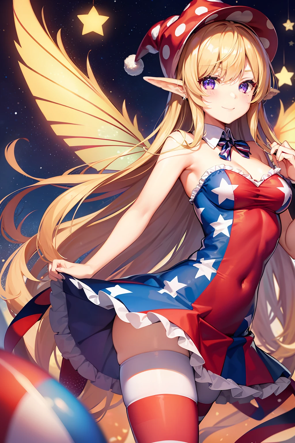 1girl,american_flag,american_flag_dress,american_flag_legwear,blonde_hair,dress,fairy,fairy_wings,fire,frilled_shirt_collar,full_body,hat,jester_cap,long_hair,looking_at_viewer,neck_ruff,pantyhose,polka_dot,polka_dot_headwear,print_legwear,purple_eyes,short_dress,smile,solo,star_(symbol),star_print,striped,striped_dress,striped_legwear,torch,transparent_background,very_long_hair,wings,clownpiece