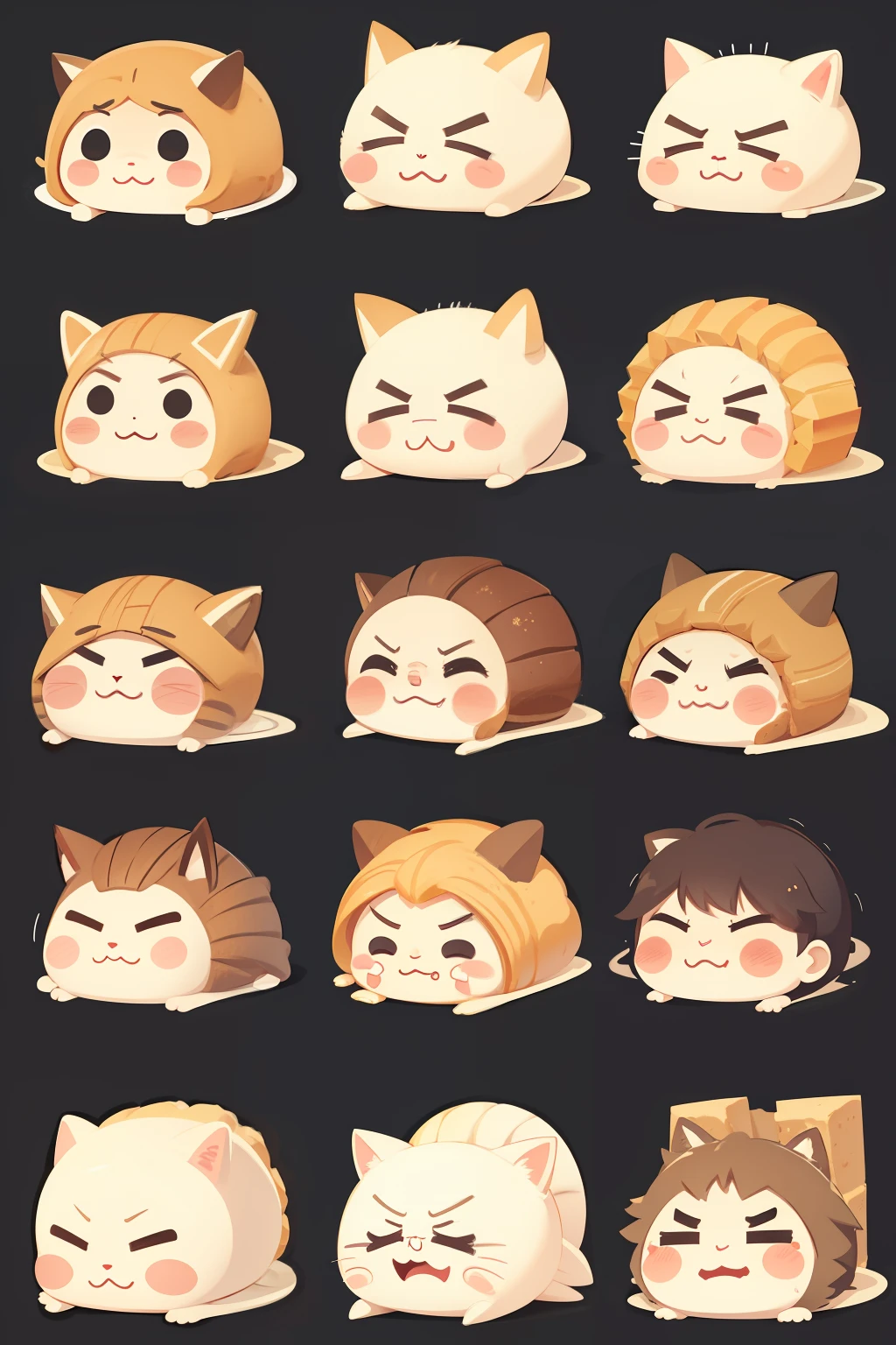 multiple poss and expressions,happy,angry,sad,cry,cute,breads