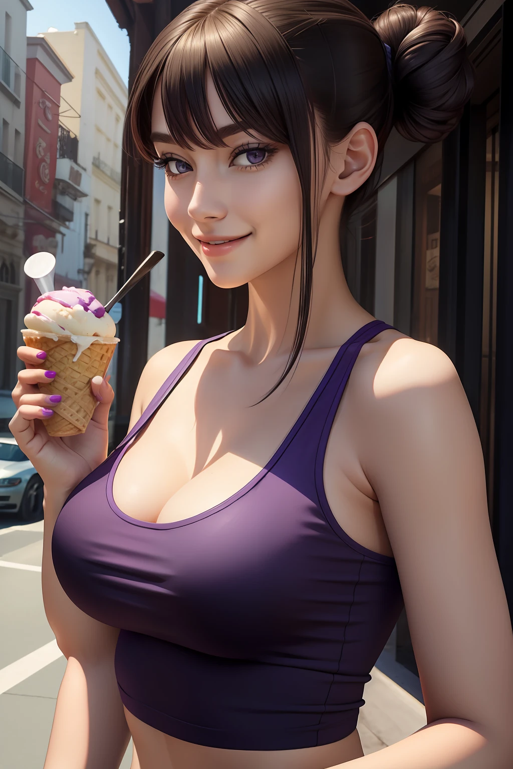 (Masterpiece) 8K resolution, top quality, woman in tank top eating ice cream, jet black bun hair, purple eyes, very pretty, nice body, kind smile,