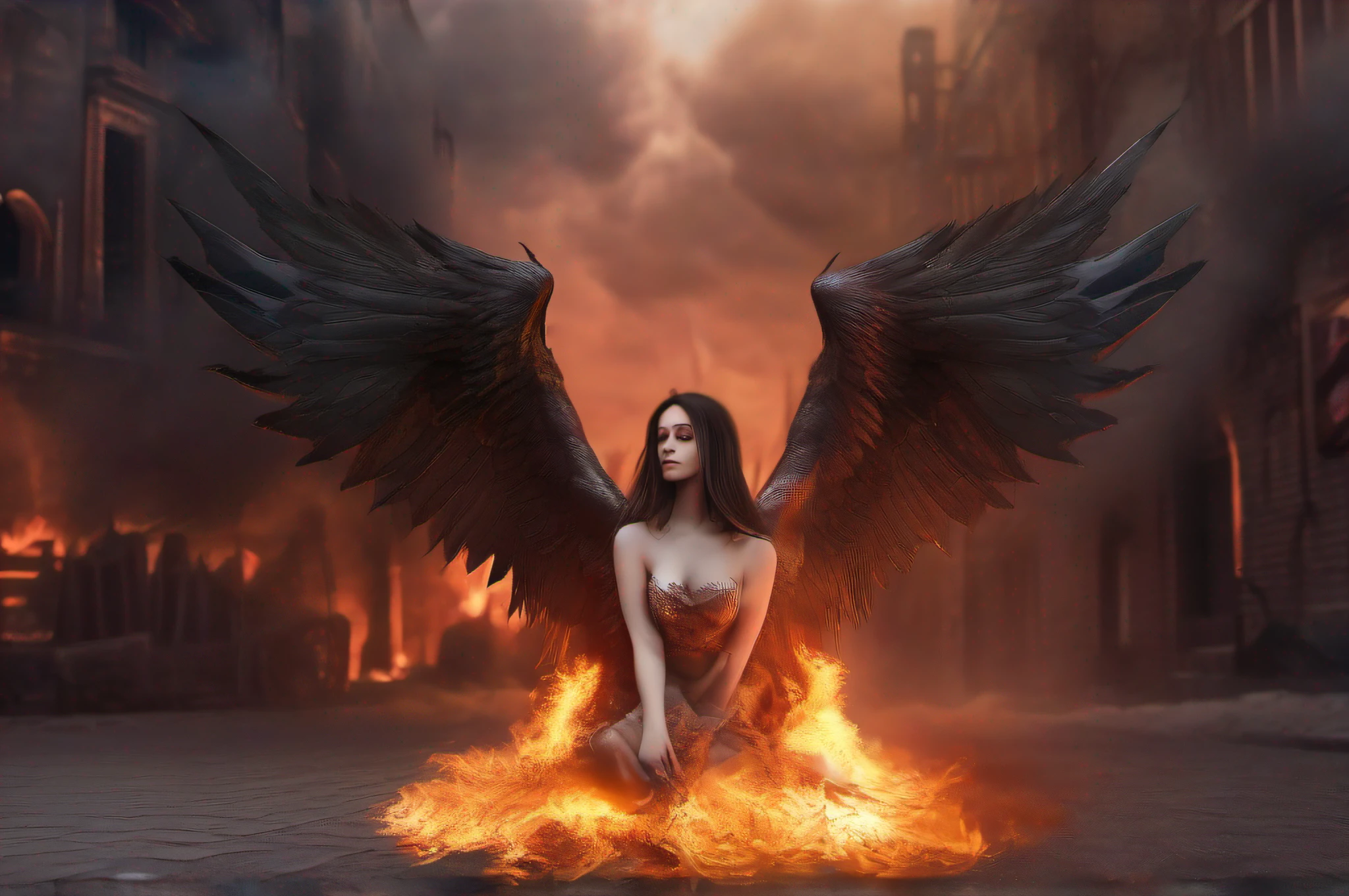 produce an image to be used as the background image of a card with the theme "fullbody evil fallen angel woman sit in the street of apocaliptic city in flames"