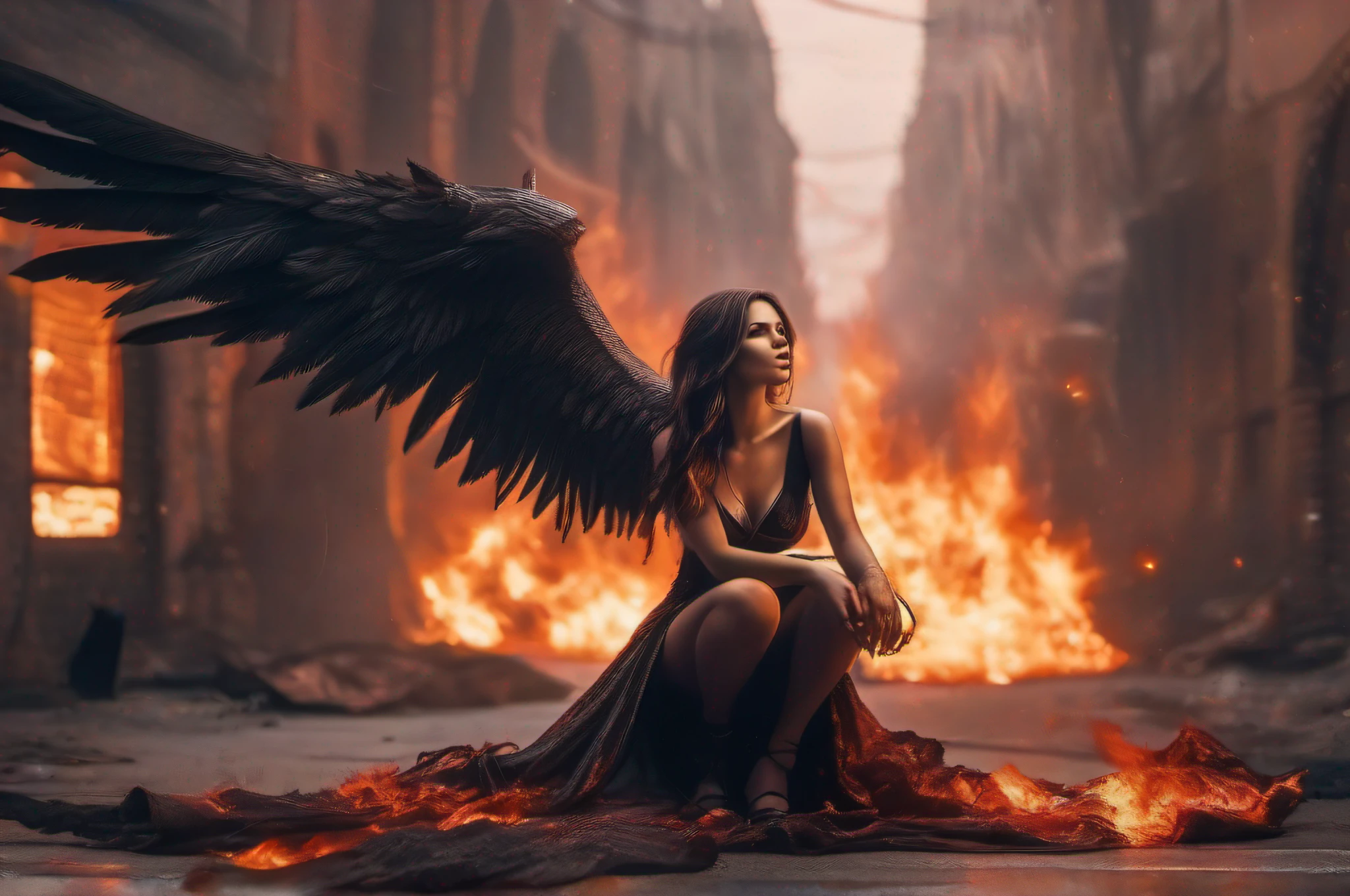 produce an image to be used as the background image of a card with the theme "fullbody evil fallen angel woman sit in the street of apocaliptic city in flames"