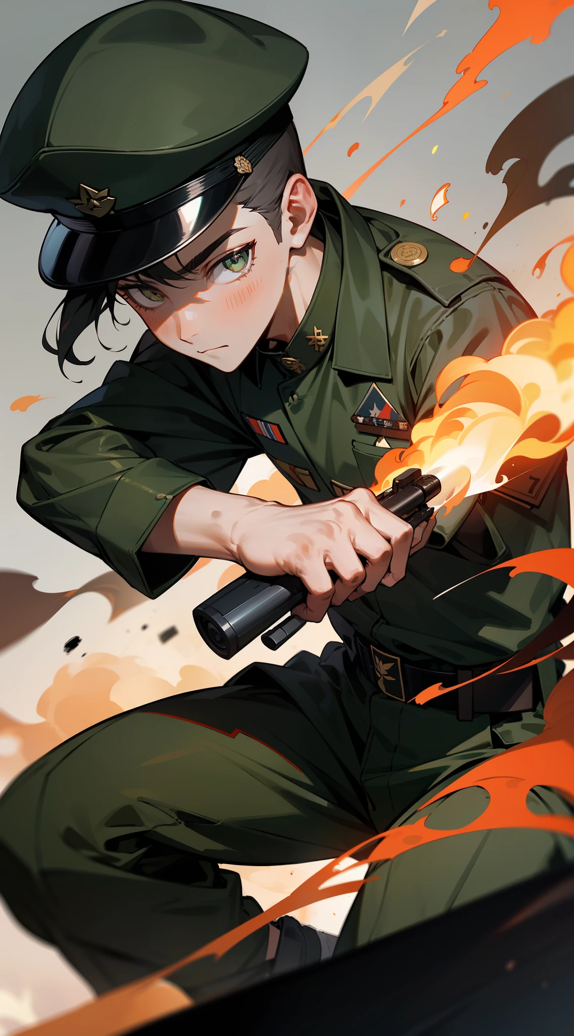 Close-up of a man in camouflage uniform holding a gun, Army, Military photography, shooting fire war,perfect military composure,, cover shot, 💣 💥, in the style of sifu 🔥 😎 🕹️ 👀 :2, Impeccable military composure,