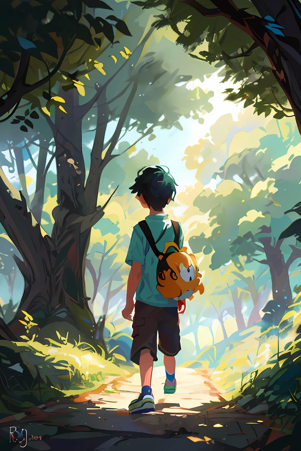 A painting full of color，A boy walks on a path in the woods, childrens art in artstation, concept art of single boy, Makoto Shinkai Cyril Rolando, cyril rolando and goro fujita, arte de fundo, background artwork, author：fujita goro, atey ghailan 8 k, inspirado em Goro Fujita, Emotional concept art Children's art in art station, concept art of single boy, cyril rolando and goro fujita, inspirado em Goro Fujita, Makoto Shinkai Cyril Rolando, author：fujita goro, background artwork, Digital anime illustration, author：Ryan Yee, lost in a forest, 2D illustration