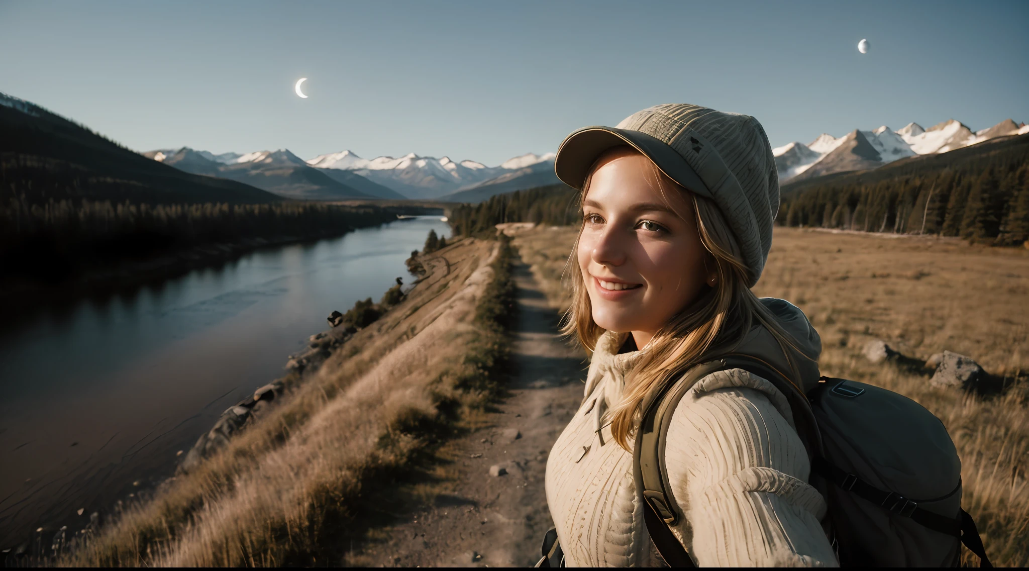 1 woman((upper body selfie, happy)), masterpiece, best quality, ultra-detailed, solo, outdoors, (night), mountains, nature, (stars, moon) cheerful, happy, backpack, sleeping bag, camping stove, water bottle, mountain boots, gloves, sweater, hat, flashlight, forest, rocks, river, wood, smoke, shadows, contrast, clear sky,
analog style (look at viewer:1.2) (skin texture)
(film grain:1.3), (warm hue, warm tone)