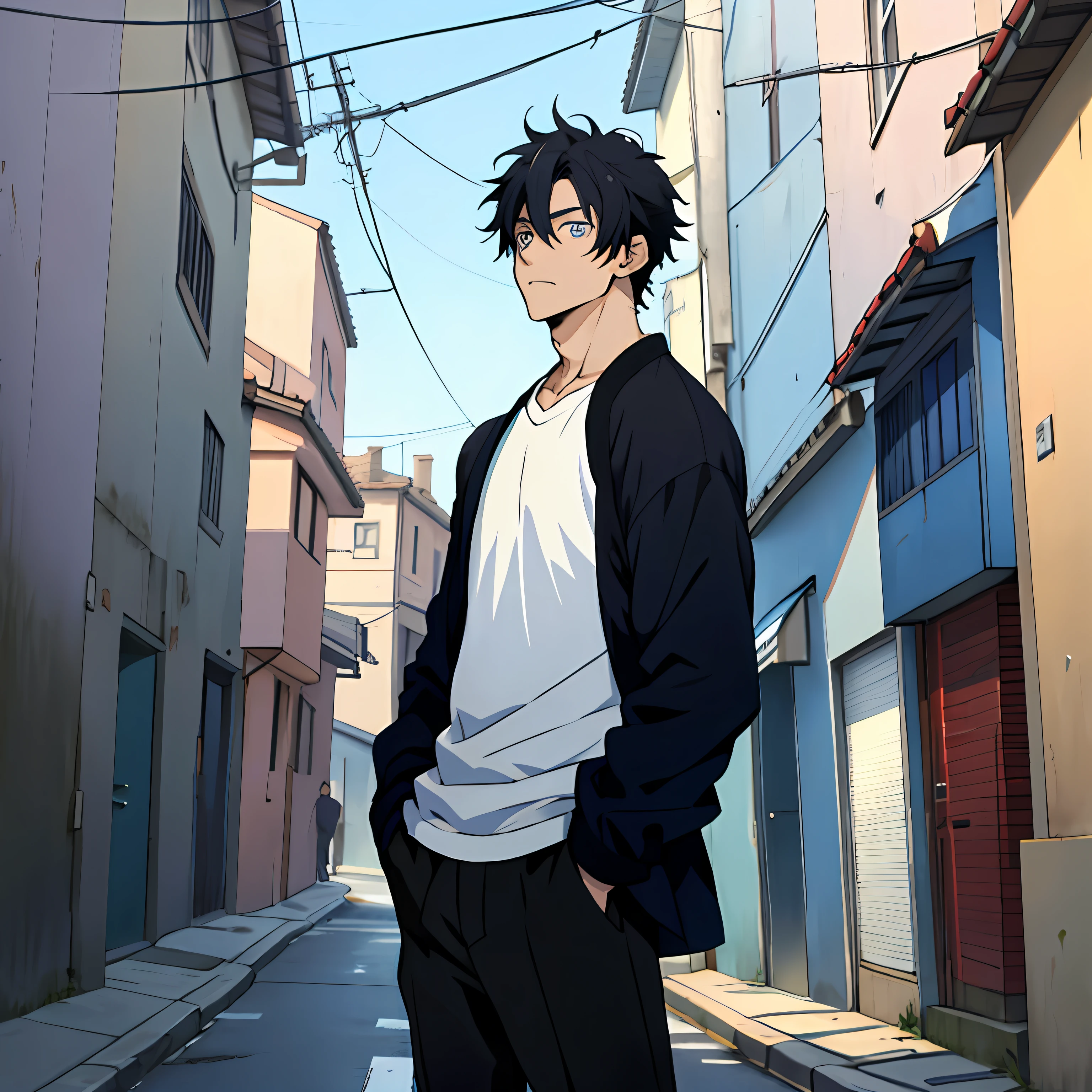 Anime boys,with short black hair,blue color eyes,Stand on the street,head looking up