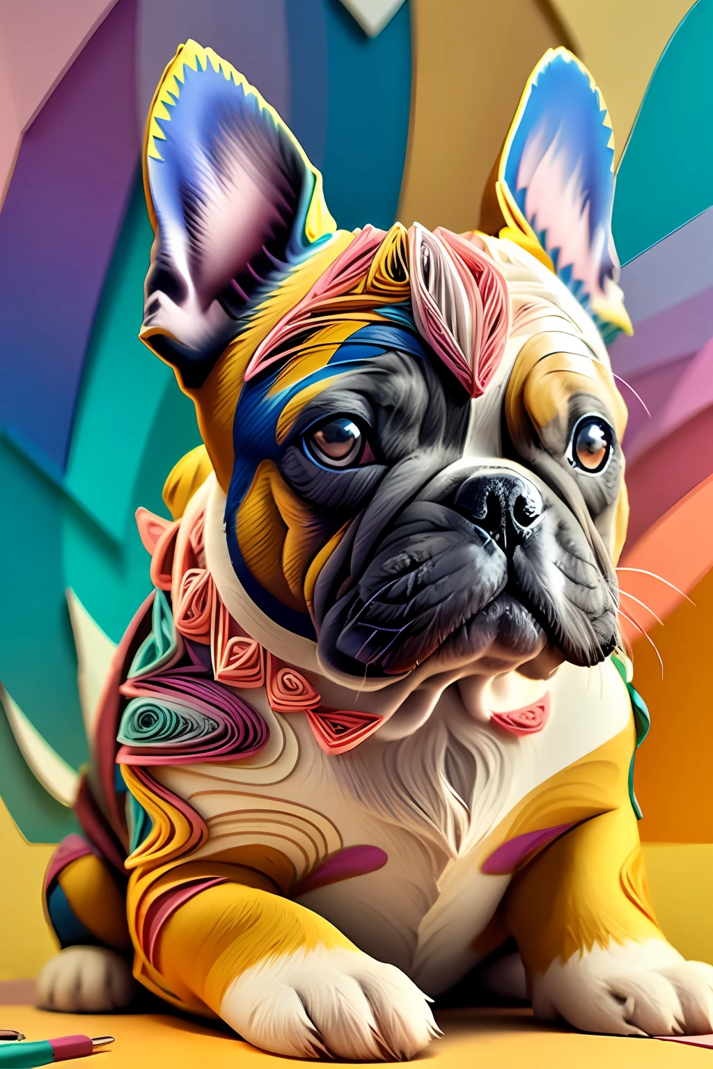 French Bulldog, papel multi dimensional quilling, arte, 
yang08k, lindo, colorido,
obras-primas, qualidade superior, melhor qualidade, arte oficial, beautiful and aesthetic, fundo transparente