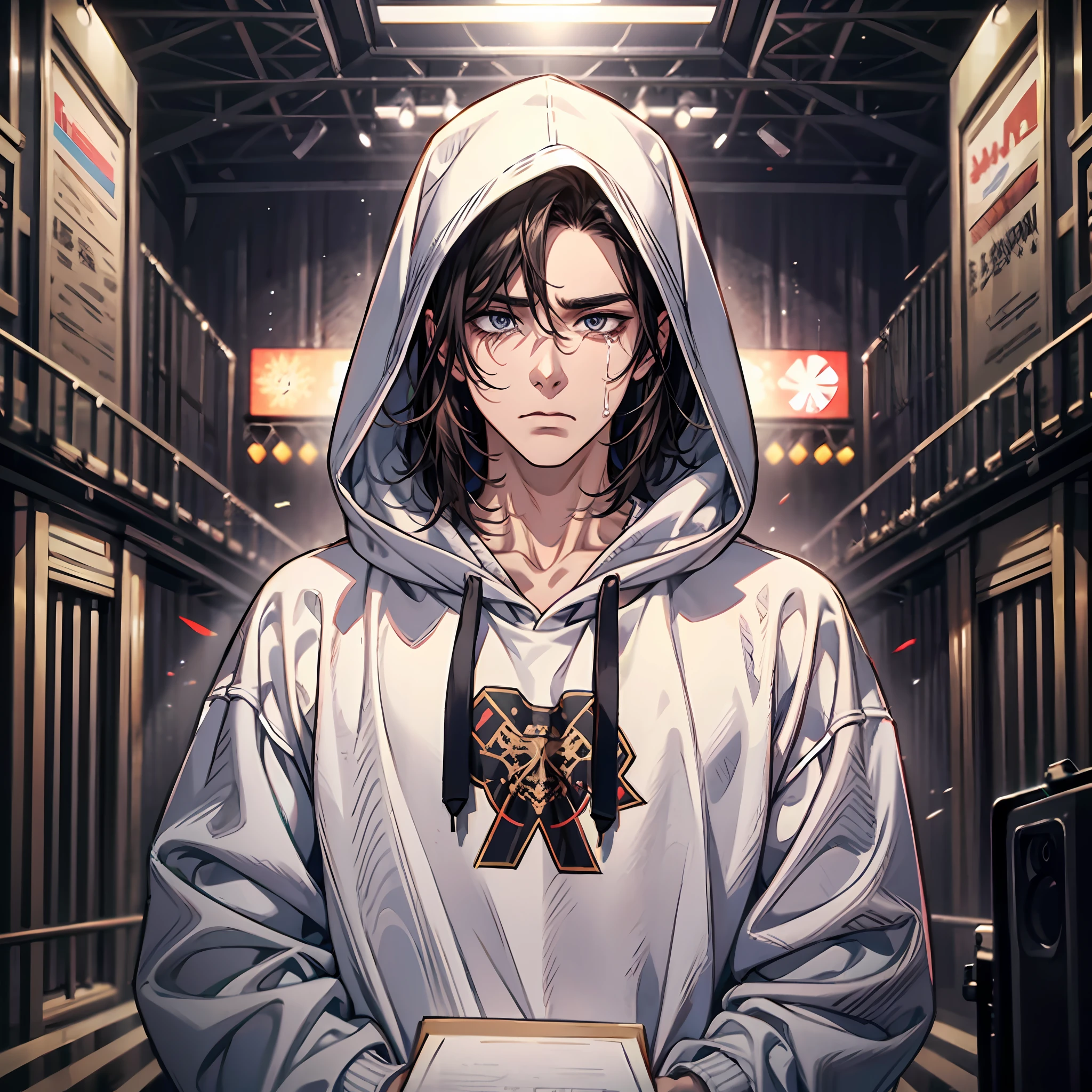 A handsome man，Clear facial features，hoodie oversized，Frustrated expression，There are tears in the corners of the eyes，The background is a performance on stage