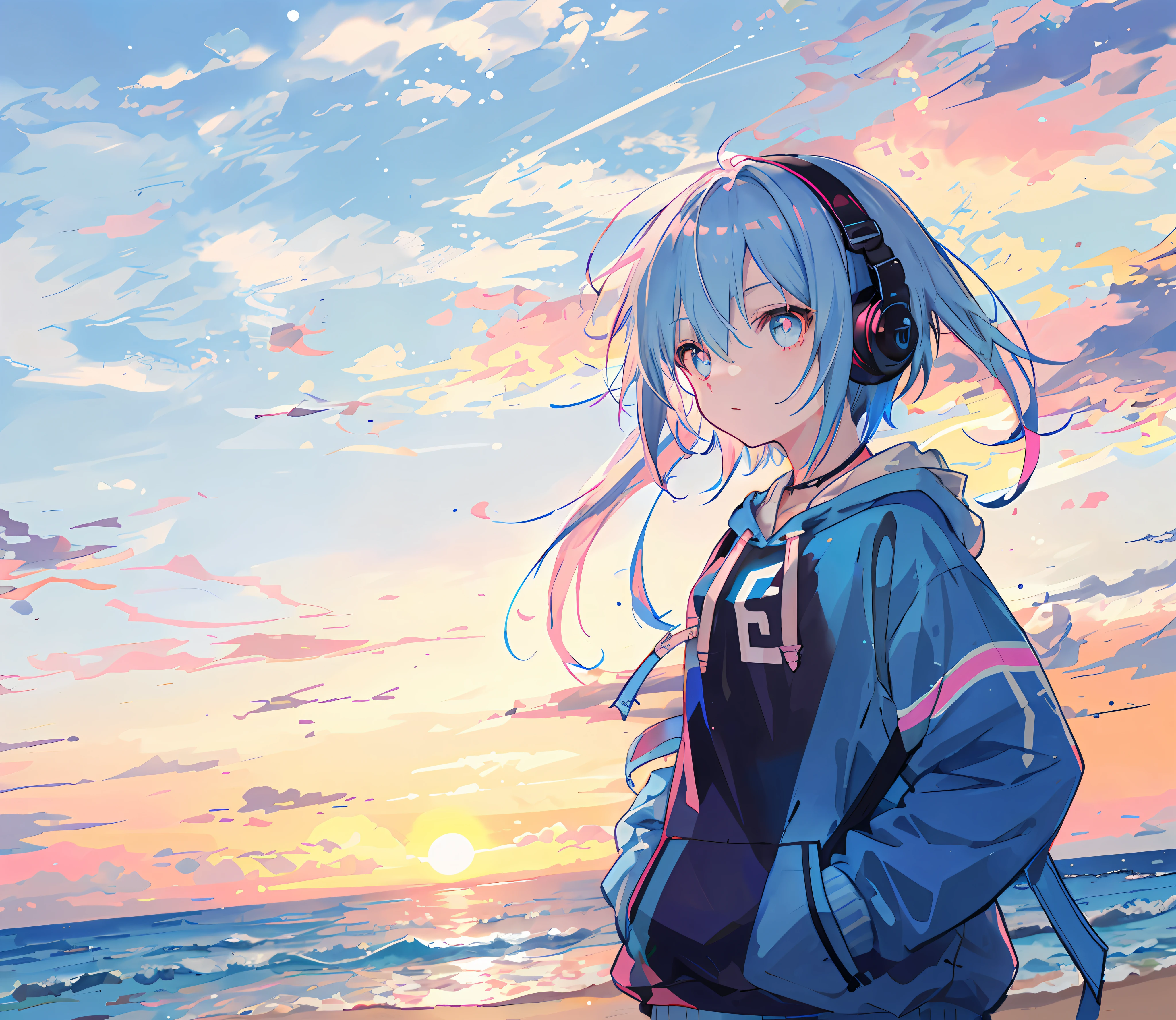 the setting sun，sea surface，sandbeach，Pale yellowish white hair，Libido boy，Blue pupil，hands in a pocket，Blue-black headphones，Blue and pink pattern hoodie，Small backpack，shoreline，((((short detailed hair))))