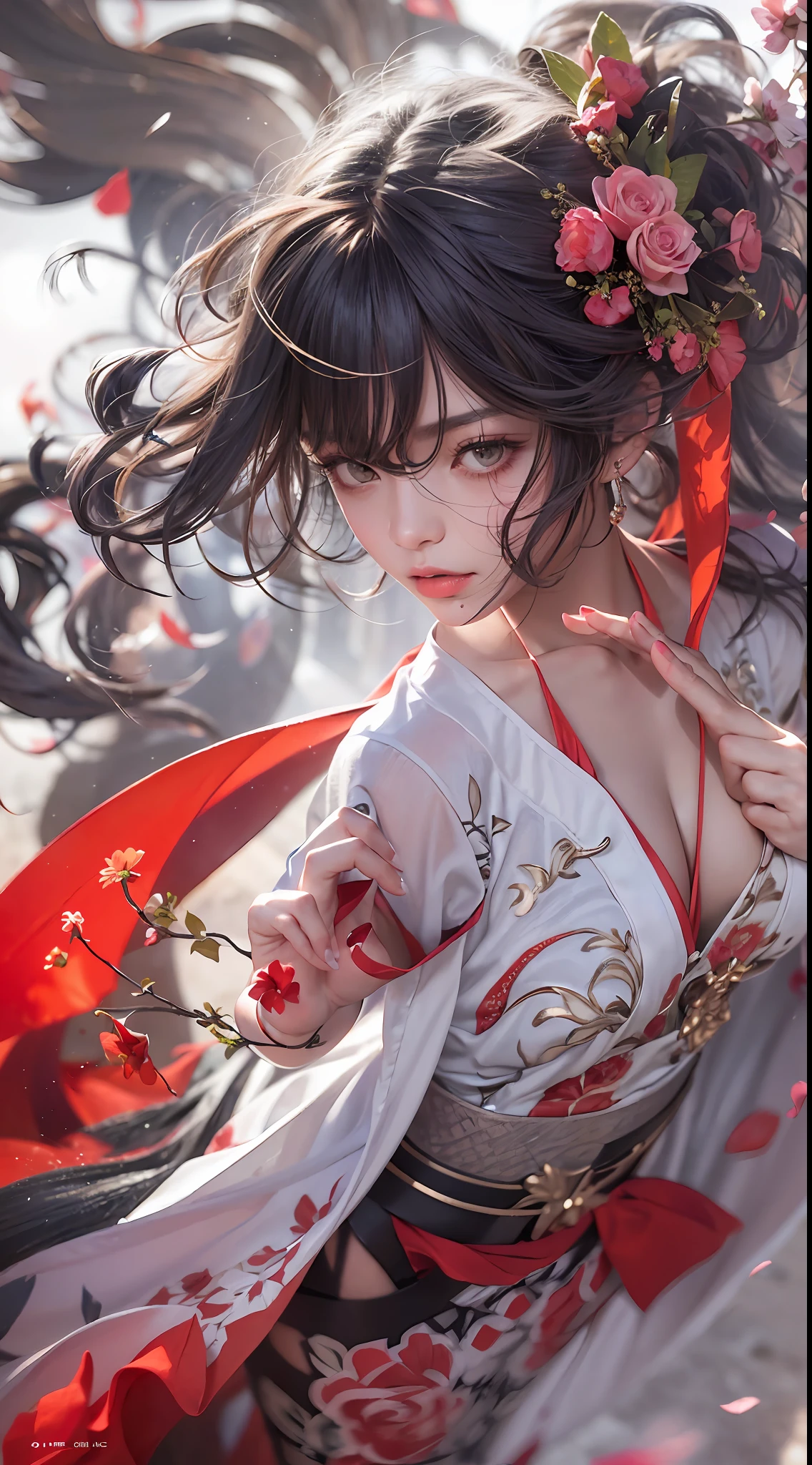 Super high quality, masterpiece, perfect illustration, extreme detail (exquisite light and shadow, highly dramatic picture,) Stroke, 1 girl, solo, (wearing red, black and white Hanfu,) flower field, flowers, (white smoke:1.3) (Realistic:1.4), Zen entanglement, tangled, official art, Unity 8k wallpaper, super detailed, beautiful and beautiful, masterpiece, best quality, (dynamic angle: 1.4), glowing skin, (floating colorful flashes: 1) the most beautiful chaotic forms, elegant, brutalist design, Bright colors, romantic depth of field exotic_dance, half_naked