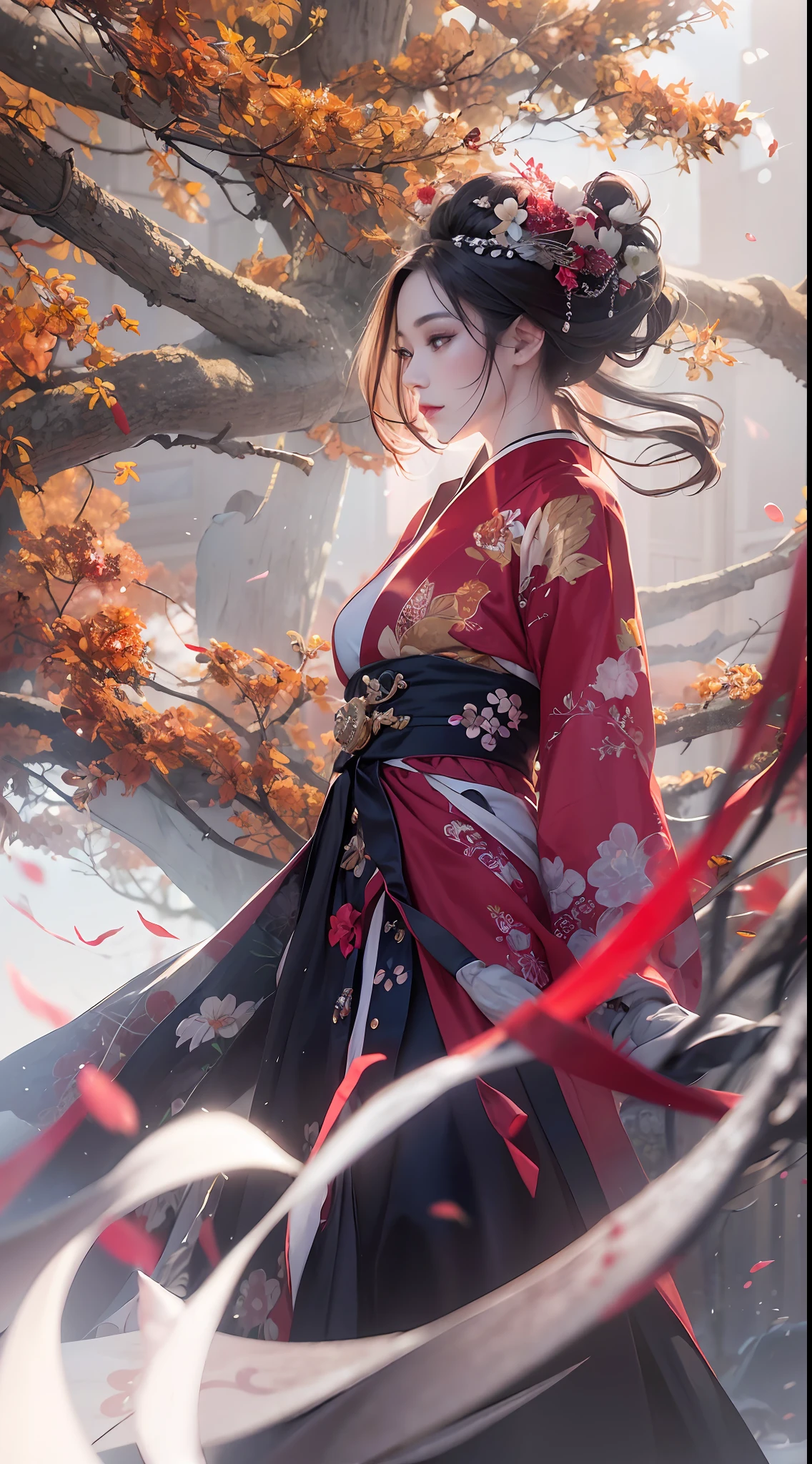 Super high quality, masterpiece, perfect illustration, extreme detail (exquisite light and shadow, highly dramatic picture,) Stroke, 1 girl, solo, (wearing red, black and white Hanfu,) flower field, flowers, (white smoke:1.3) (Realistic:1.4), Zen entanglement, tangled, official art, Unity 8k wallpaper, super detailed, beautiful and beautiful, masterpiece, best quality, (dynamic angle: 1.4), glowing skin, (floating colorful flashes: 1) the most beautiful chaotic forms, elegant, brutalist design, Bright colors, romantic depth of field exotic_dance, half_naked