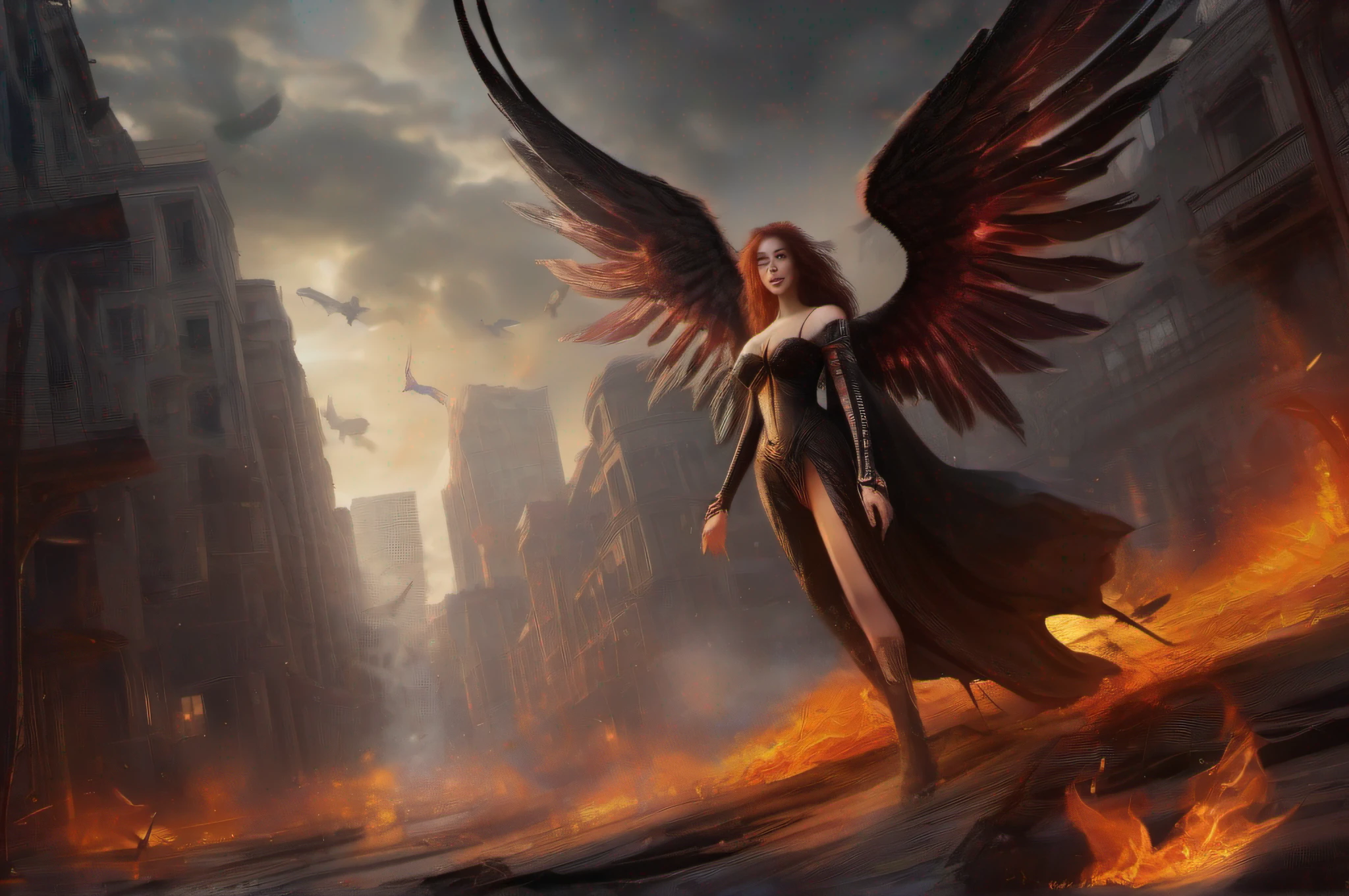 produce an image to be used as the background image of a card with the theme "fullbody evil fallen angel fly in the apocaliptic city in flames"