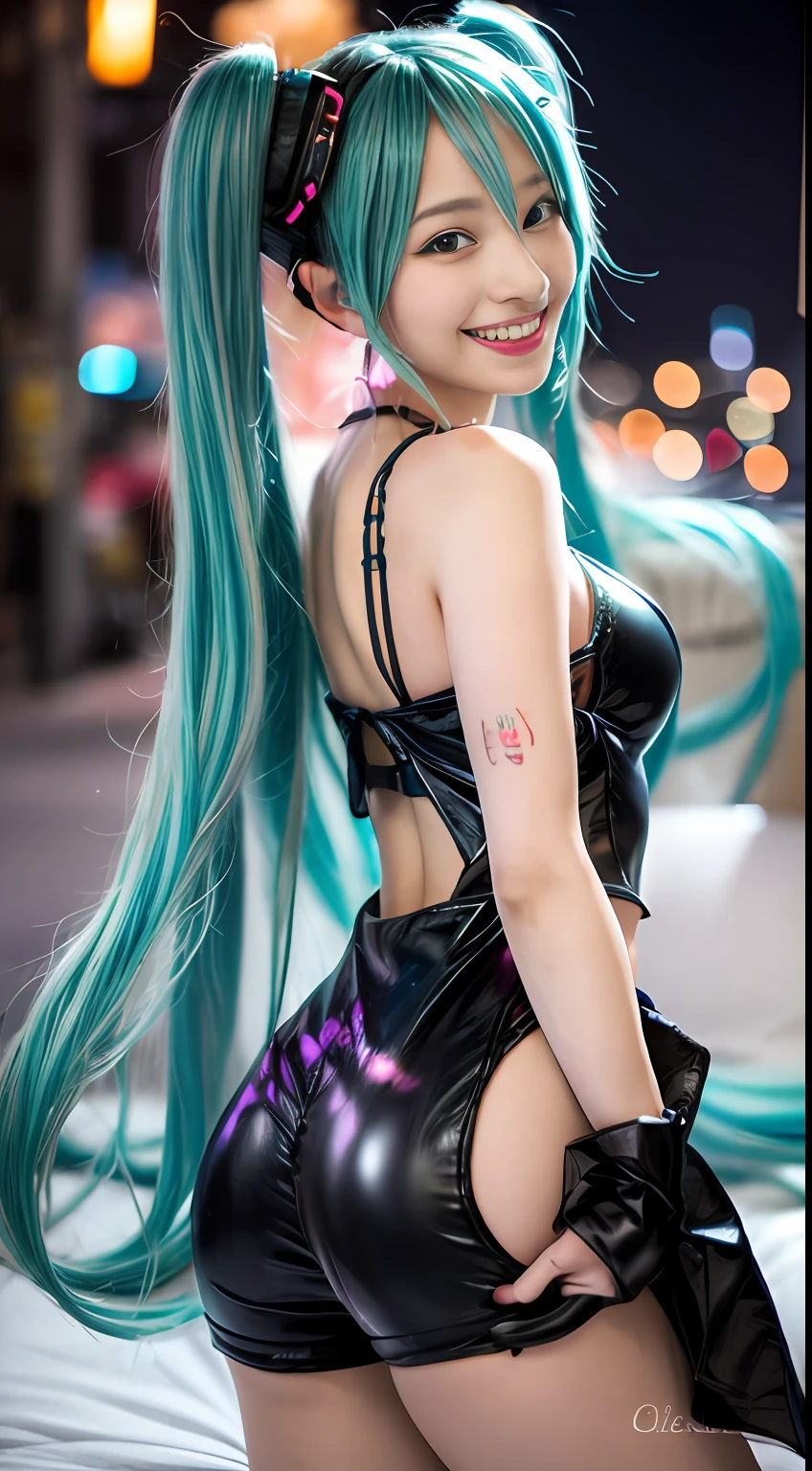 (((front focus))), Keywords: cute girl with big eyes on the street, (((character hatsune miku))), full body, in the dark, low key, love pupils, [shy], tosca hair color, long hair, twin tail with pony, master works, best picture quality, super high resolution, higher quality, beautiful girl, female, hair ornament, 8k resolution, blush, thin shoulder strap, dusk ((character on the bed)), magic ring, cinematic light, night city background, Solo, Eyebrow Pattern, Beautiful red Eyes, Beautiful Glow, Best Quality, Illustration, Masterpiece, Best Production, Best Quality, Highly Detailed, burning hair, necklace
((Masterpiece)), ((Highest Quality)), exquisite CG, blue-purple tone, sweet
Beautiful girl with a cute smile ((big smile)), long leg, big ass, huge breast, hot girl, dynamic pose, (((hatsune miku idol costume)))