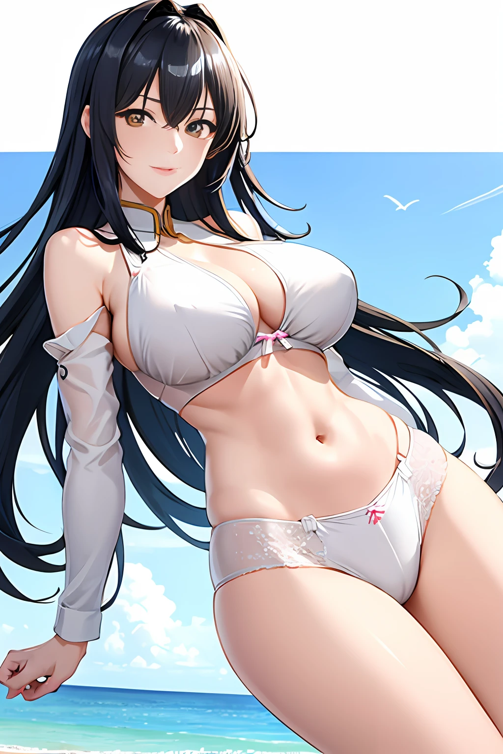 Highest image quality，Outstanding details，超高分辨率，（Fidelity：1.4），The best illustration，Favor the details，Highly cohesive 1girl，He has a delicate and beautiful face，Have by the sea，huge tit，The bra is dotted and raised，Breasts are parted to the left and right，Leaks out of the waist and hips ，Big breasts Thin waist，standing with legs apart，Underwear clothes are sunken，Slender long legs，Hands back