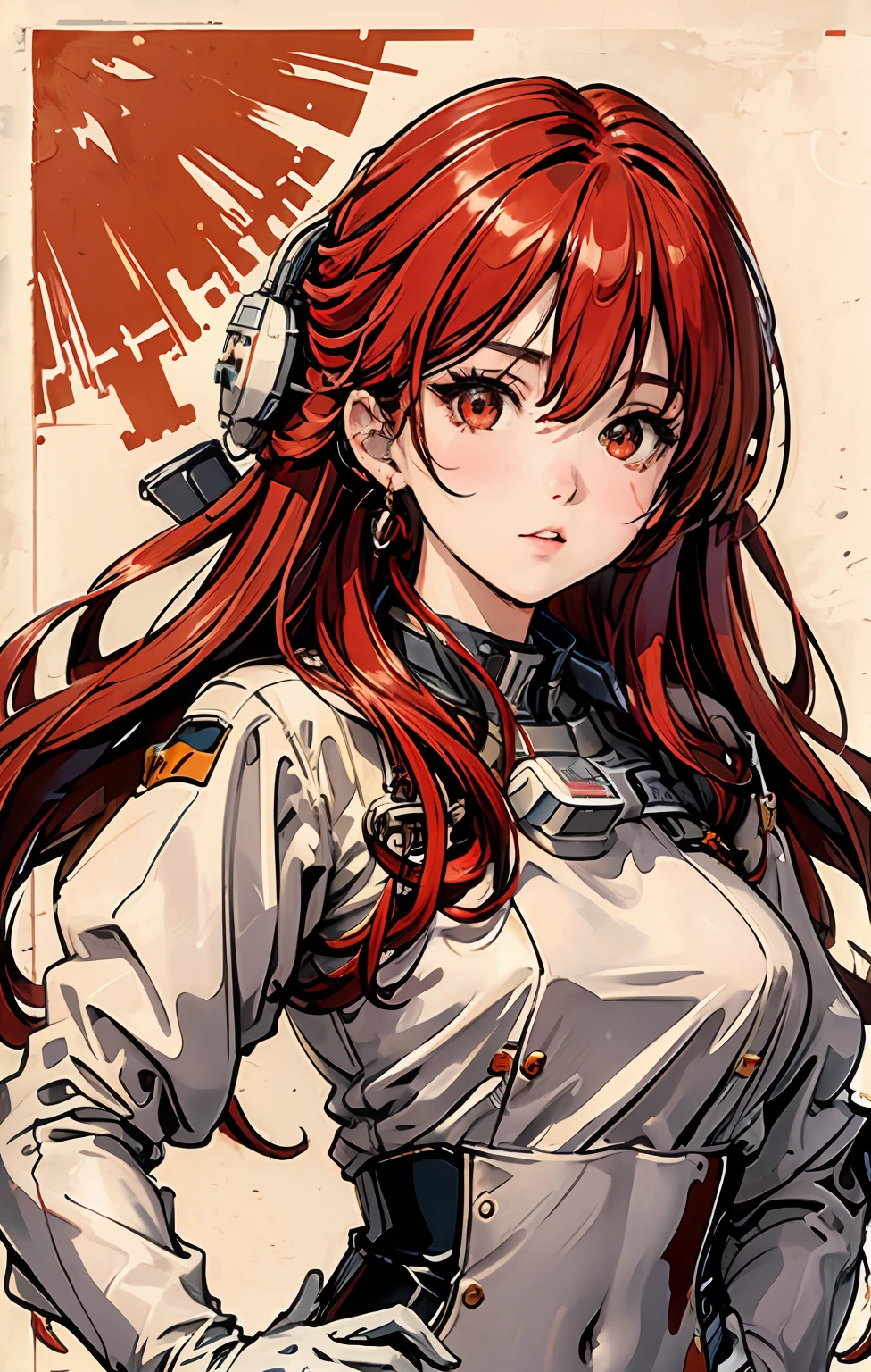 1girl, flat chested, cute, beautiful detailed eyes, shiny hair, visible through the hair, hair between the eyes, CCCPposter, sovietposter, red monochrome, Soviet poster, USSR, communism, black hair, red eyes, vampire ,girl,small breasts,spacesuit:Orange_clothing_body:jumpsuit ), white_gloves, white_space shoes, white_helmet, CCCP scarlet letters on the top of the helmet, weightlessness, Side light, reflection, the person in the spacesuit is at the bottom left of the picture, right hand outstretched, right hand Gently touch the Salyut space station), the space station in the upper right corner of the screen, the reflected light of the sun, silver metal, red flag, brilliance, Soviet style, diffuse reflection, metal texture, blue earth in the distance, mech style, star sea, high-profile, majestic