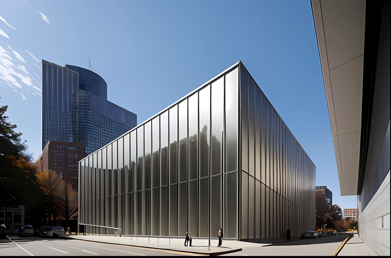 museu, Modernismo, OMA ARCHITECTURE, Pedro Zumthor, FACHADA DE VIDRO, METAL STRUCTURE INSIDE, DE FRENTE PARA A ESTRADA NO CENTRO DE BOSTON, RENDERIZAÇÃO MIR, First-person view, luz natural, 16:9 ar