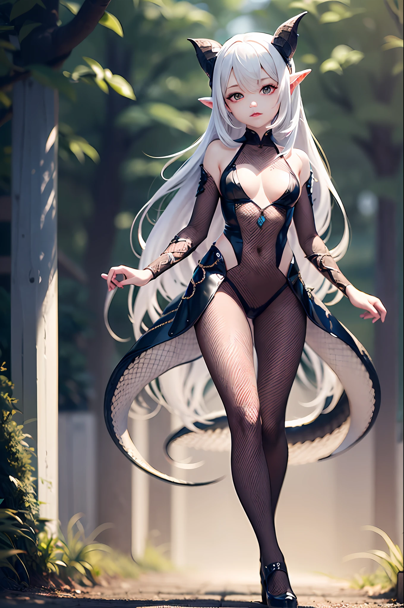 1girl, lamia, scales, white shirt, full body, Original Character, Volumetric Lighting, Best Shadows, Shallow Depth of Field, Stunningly Beautiful Girl, Petite, Delicate Beautiful Attractive Face