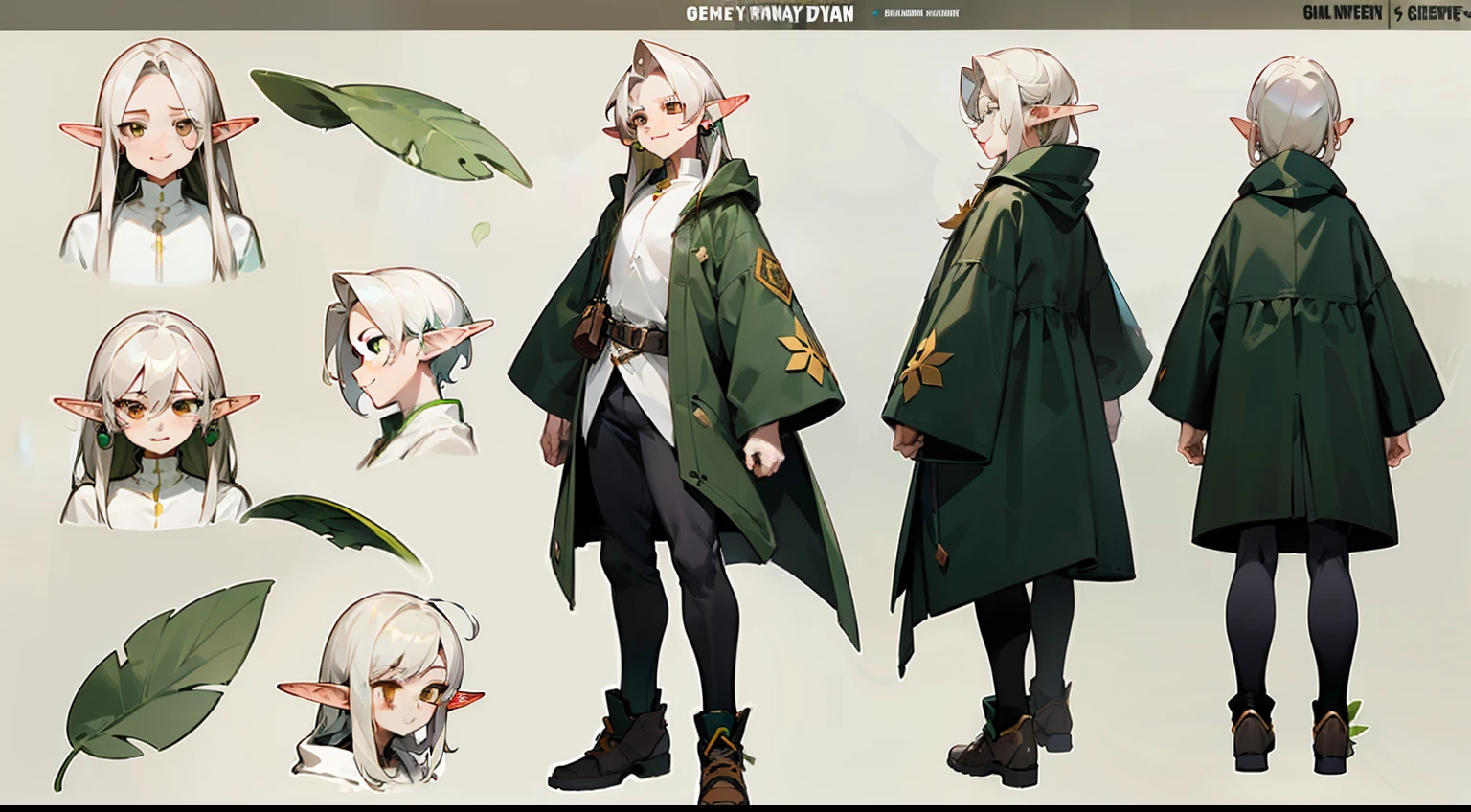 1man, full body, full-body, reference sheet, reference, bottom view, (dynamic pose), character design, reference, full body, concept art, official art, full hd reference sheet, full body, emotions, character, character, adopt, male, boy, (yellow-white hair), long hair, (brown eyes), teenager, pale skin, smile, happiness, male, boy, comfortable clothes, mercenary clothes, green clothes, ((elf)), (((raincoats in the form of a large leaf))), red round earring, very tall
