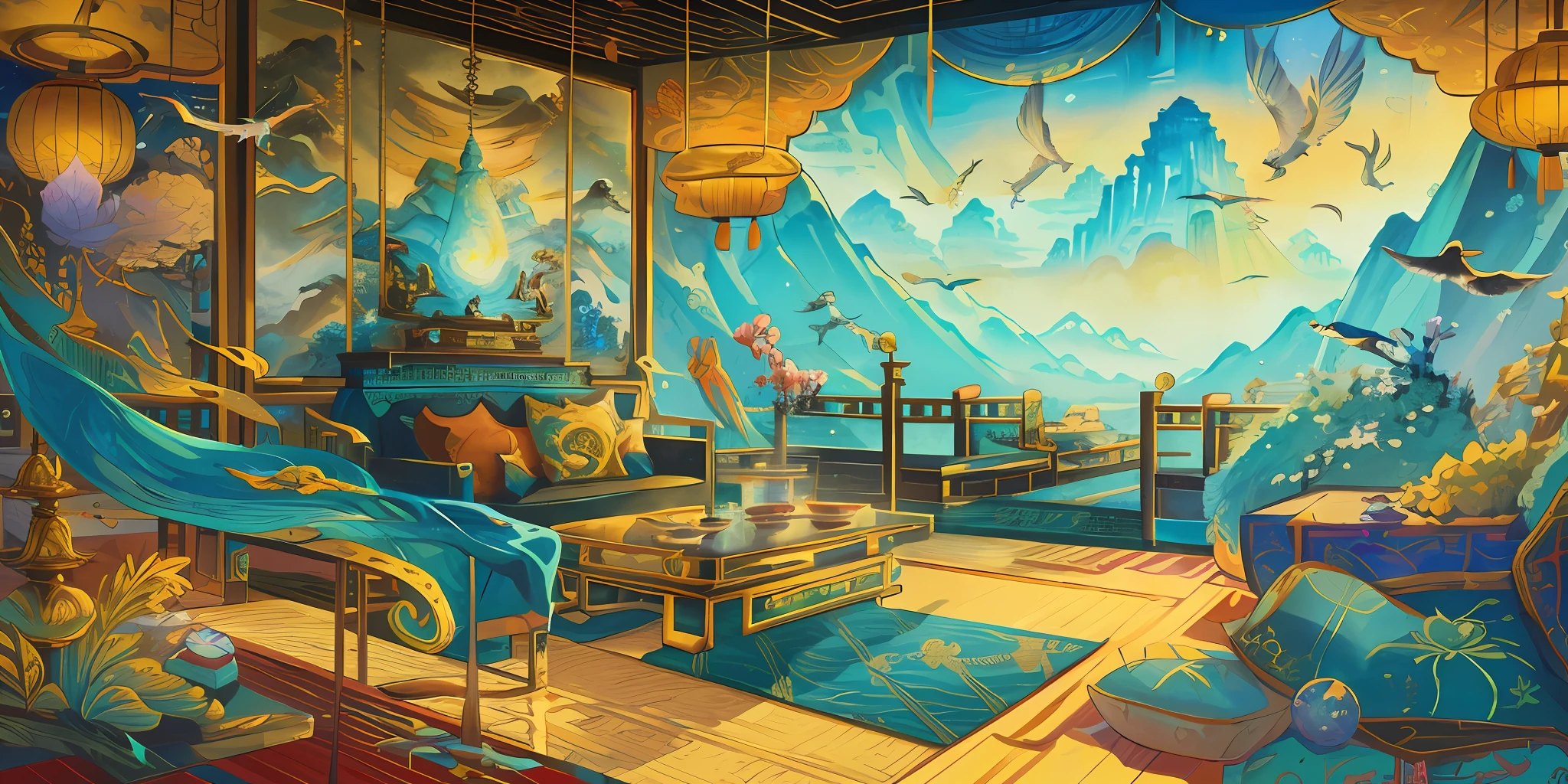 an image of an asian landscape with mountains and birds in the air, in the style of fantastical otherworldly visions, light cyan and gold, intricately mapped worlds, hyperrealistic illustrations, romanticized cityscapes, detailed character illustrations, organic shapes and curved lines, --v6