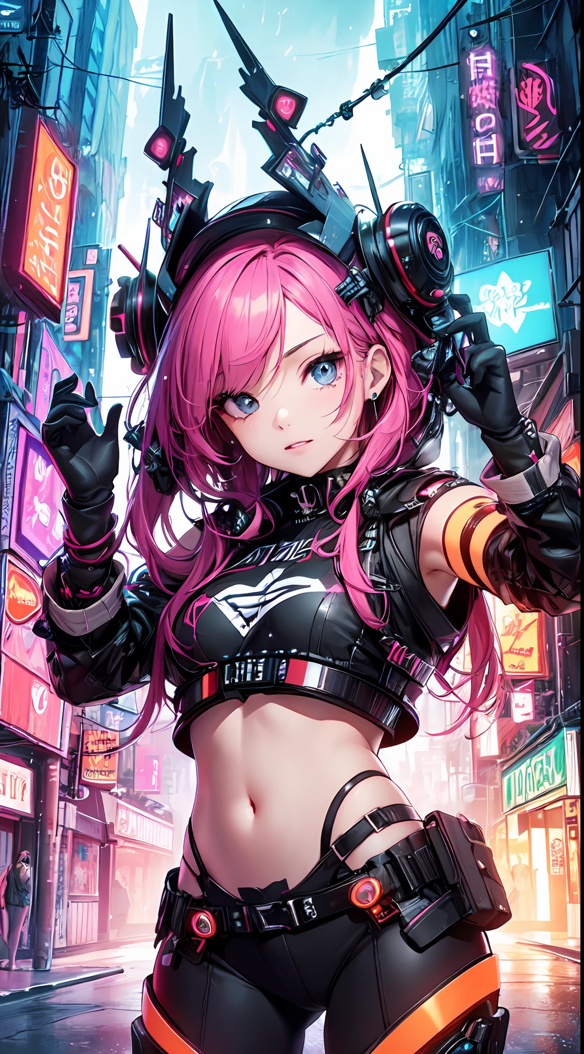 (masterpiece、top-quality、top-quality、Official art、ighly detailed、Beautifully Aesthetic:1.2)、(1girl in)、(Fractal Art:1.3)、Random hairstyle、Random hair color colorful、FULL BODYSHOT、(CyberpunkTThe shirt)、animesque、head-mounted displays、neon light detail、Intuitive、City of the Future、sharp、Precise focus、randome pose、cyberpunkcity、street neon lights、insta photo、photo of the year、cinema4d、Dramatic、