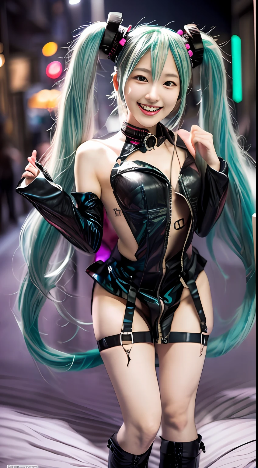 (((front focus))), Keywords: cute girl with big eyes on the street, (((character hatsune miku))), full body, in the dark, low key, love pupils, [shy], tosca hair color, long hair, twin tail with pony, master works, best picture quality, super high resolution, higher quality, beautiful girl, female, hair ornament, 8k resolution, blush, thin shoulder strap, dusk ((character on the bed)), magic ring, cinematic light, night city background, Solo, Eyebrow Pattern, Beautiful red Eyes, Beautiful Glow, Best Quality, Illustration, Masterpiece, Best Production, Best Quality, Highly Detailed, burning hair, necklace
((Masterpiece)), ((Highest Quality)), exquisite CG, blue-purple tone, sweet
Beautiful girl with a cute smile ((big smile)), long leg, big ass, huge breast, hot girl, dynamic pose, (((hatsune miku idol costume)))