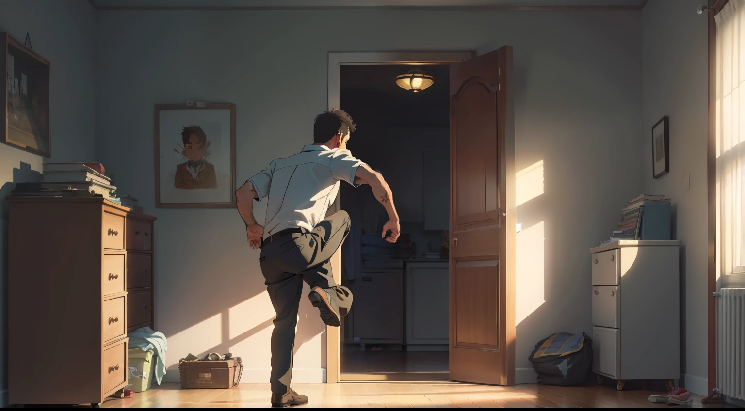 The man kicked open the bedroom door
