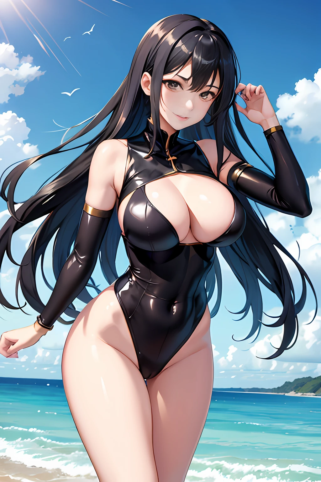 Highest image quality,Outstanding details,超高分辨率,(Fidelity:1.4),The best illustration,Favor the details,Highly cohesive 1girl,He has a delicate and beautiful face,Have by the sea,huge tit,Raised support garment,Breasts are parted to the left and right,Leaks out of the waist and hips ,Big breasts Thin waist,standing with legs apart,Underwear clothes are sunken,Slender long legs,Hands back