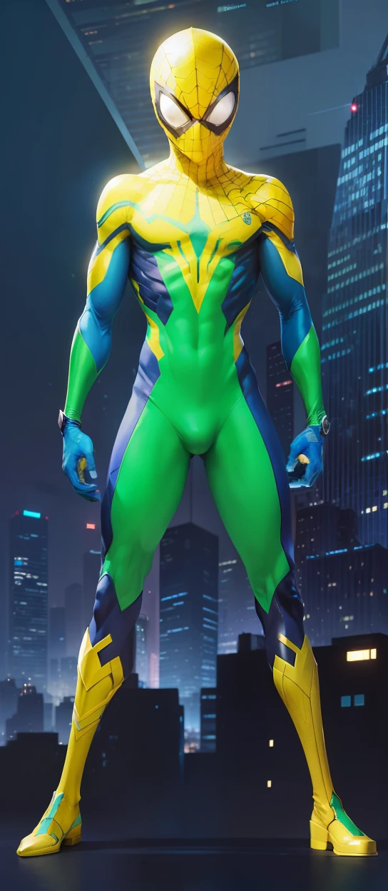 Detalhado, Homem-Aranha com Traje de Cor: Azul, Amarelo e Verde, Futuristic and Technological Detail Costume, fundo(scenecy) Cidade(Buildings).
