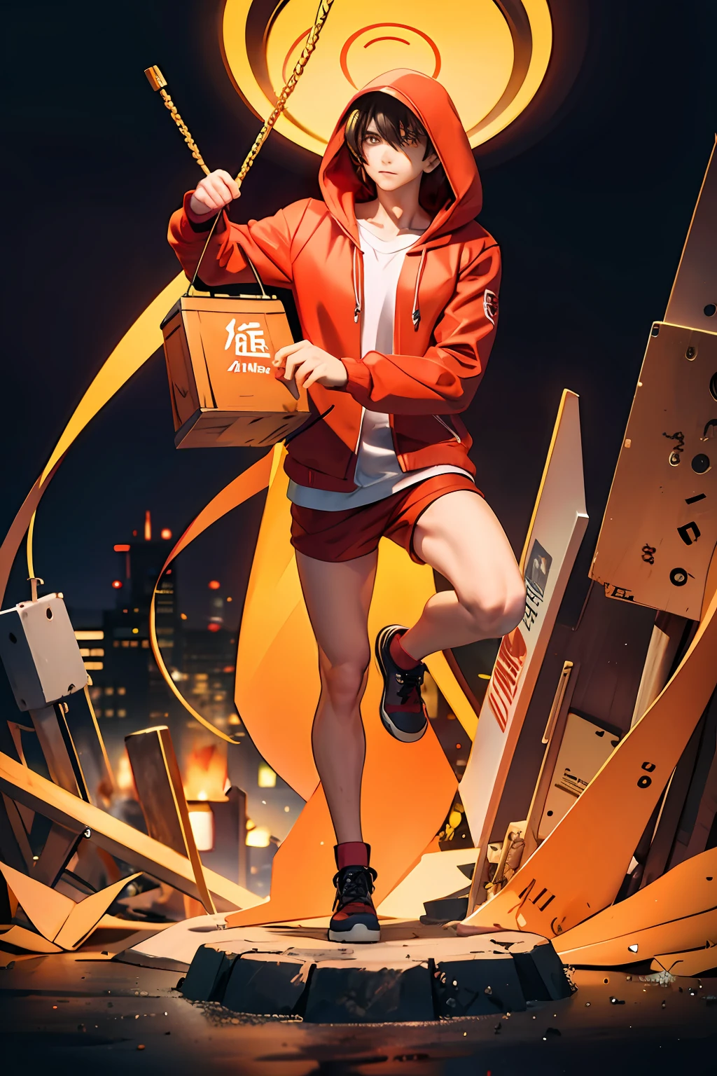 Man in red hoodie,Holding red and yellow signs,