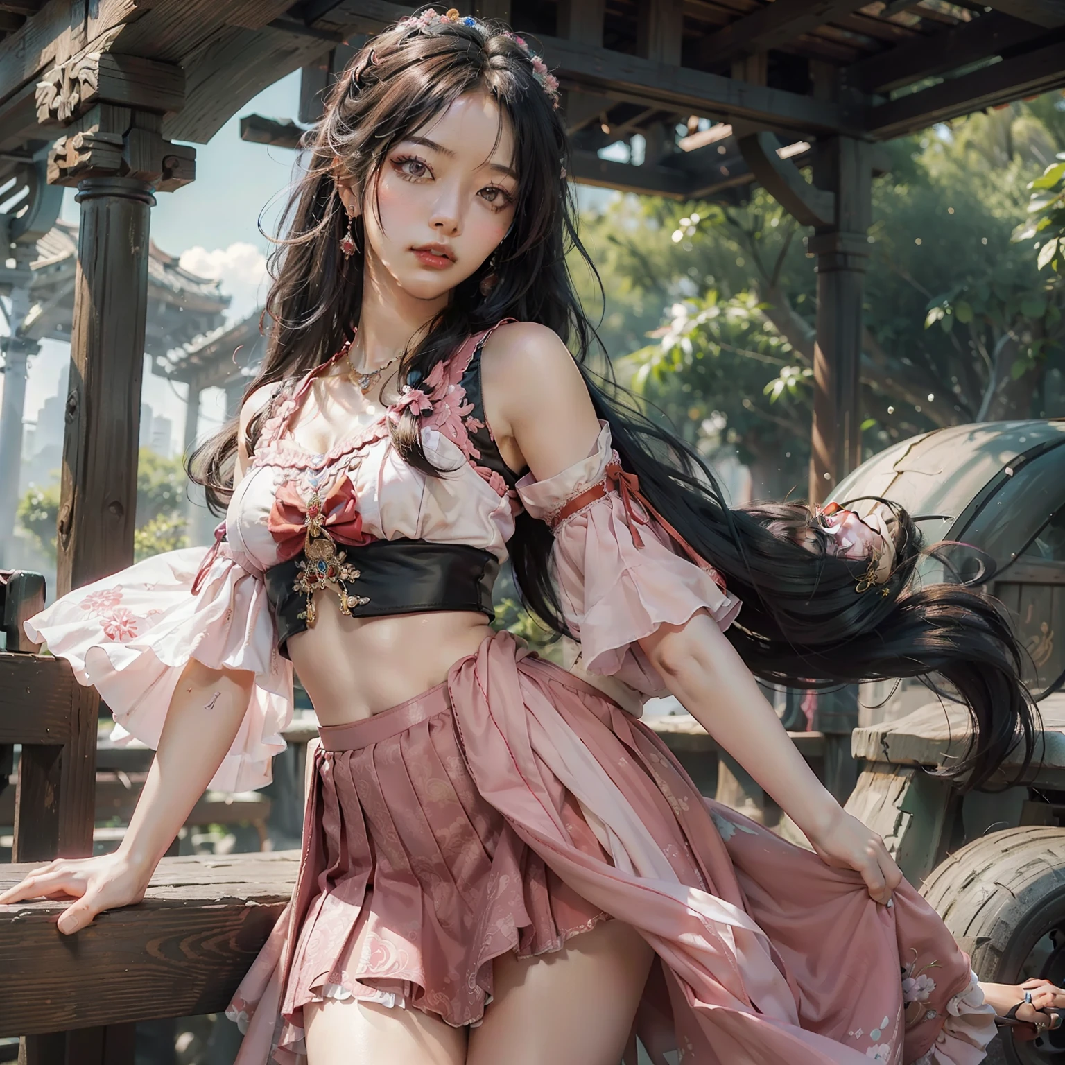 (masterpiece, top quality, best quality, official art, beautiful and aesthetic:1.2),tifa,eyeliner,mascara,Black_eyes,Black_hair,long hair,lipstick,hanfu, tang style outfits, 1girl, pink upper shan, red chest pleated skirt, green with pink waistband, red pibo,extreme detailed,(fractal art:1.3),colorful,highest detailed,cowboy shot,jewelry,energetic movement,facing viewer,