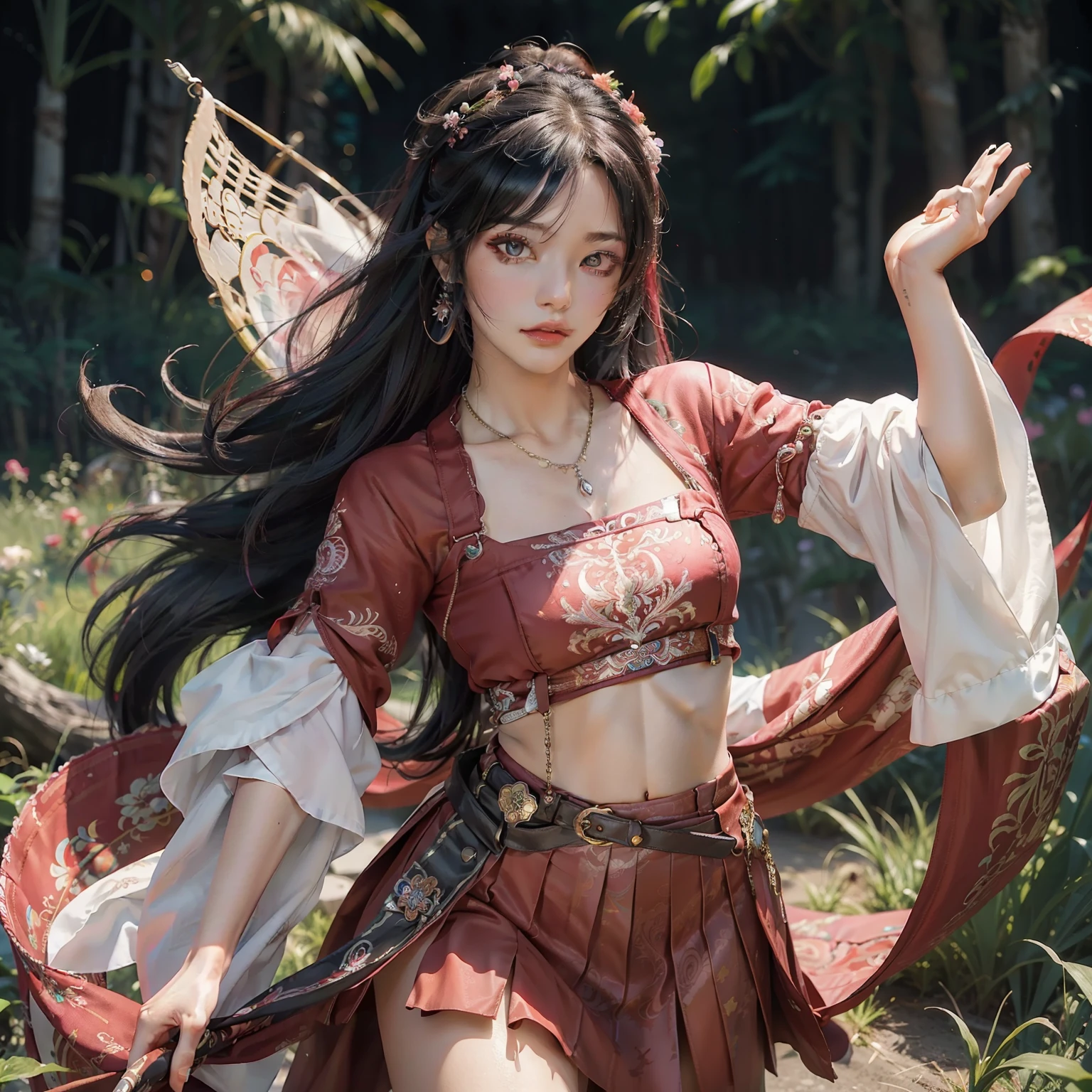 (masterpiece, top quality, best quality, official art, beautiful and aesthetic:1.2),tifa,eyeliner,mascara,Black_eyes,Black_hair,long hair,lipstick,hanfu, tang style outfits, 1girl, pink upper shan, red chest pleated skirt, green with pink waistband, red pibo,extreme detailed,(fractal art:1.3),colorful,highest detailed,cowboy shot,jewelry,energetic movement,facing viewer,