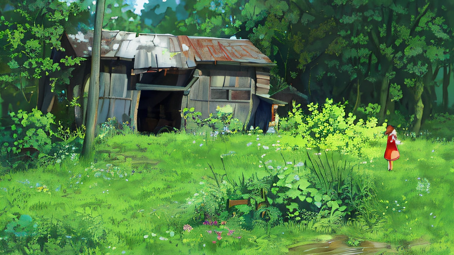 Painting a woman in a red dress standing in front of a shack, Ghibli Studio Environment, studio ghibli smooth concept art, anime countryside landscape, drawn in anime painter studio, View of Ghibli Studio, Studio Ghibli concept art, cinematic studio ghibli still, studio ghibli painterly style, ghibli studio art, gouache matte painting, studio ghibli artstyle, made with anime painter studio