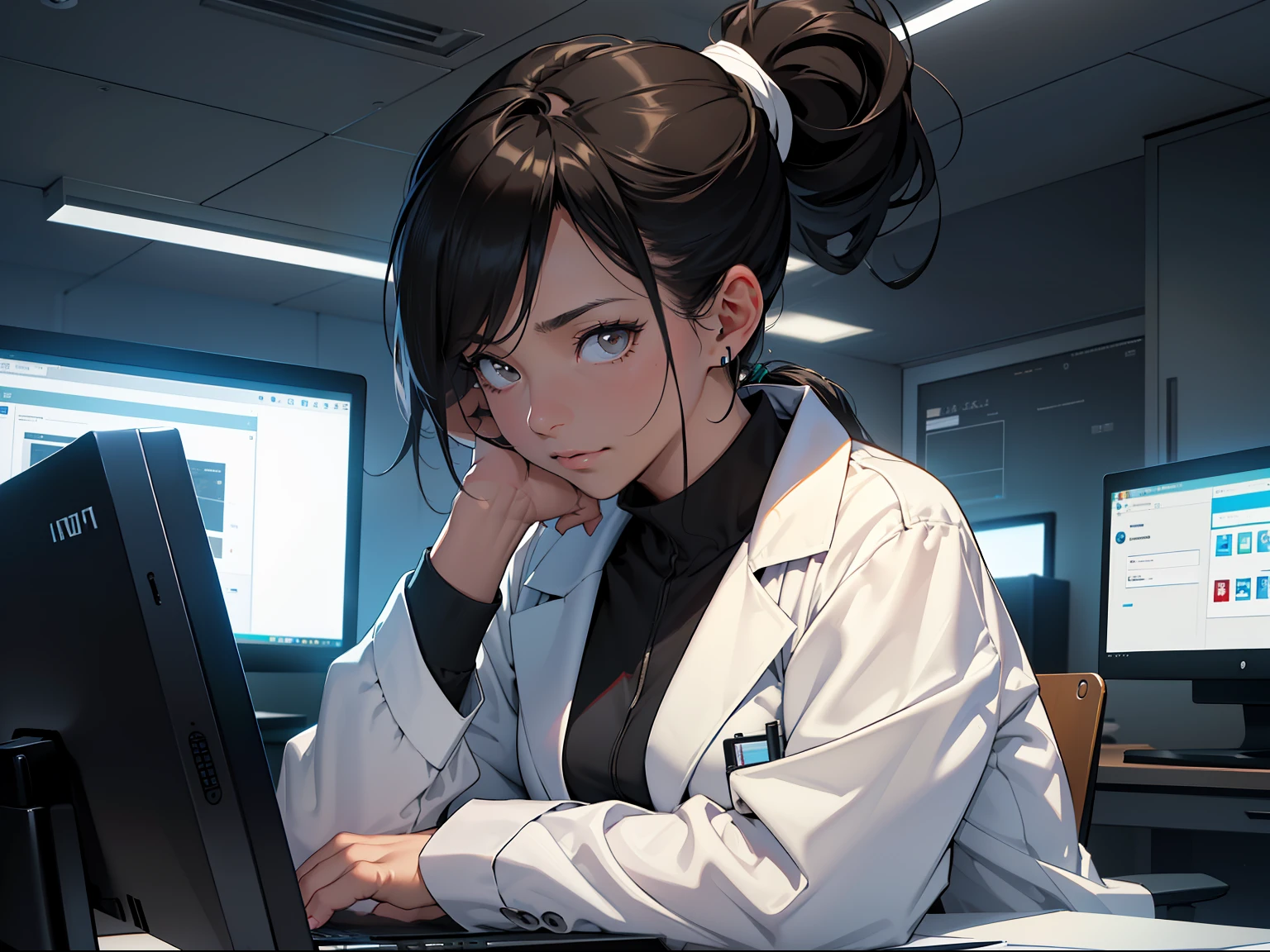 Master, masterpiece, 8K wallpaper, CG, super high picture quality, light and shadow effects
(((( A female doctor in a white coat with a black ponytail sat at a computer desk and spoke with a sad look on her face.
(Upper body display: 1.6)
(Face close-up: Pity: 1.3)
Luxury hospital office, computer desk, filing cabinet