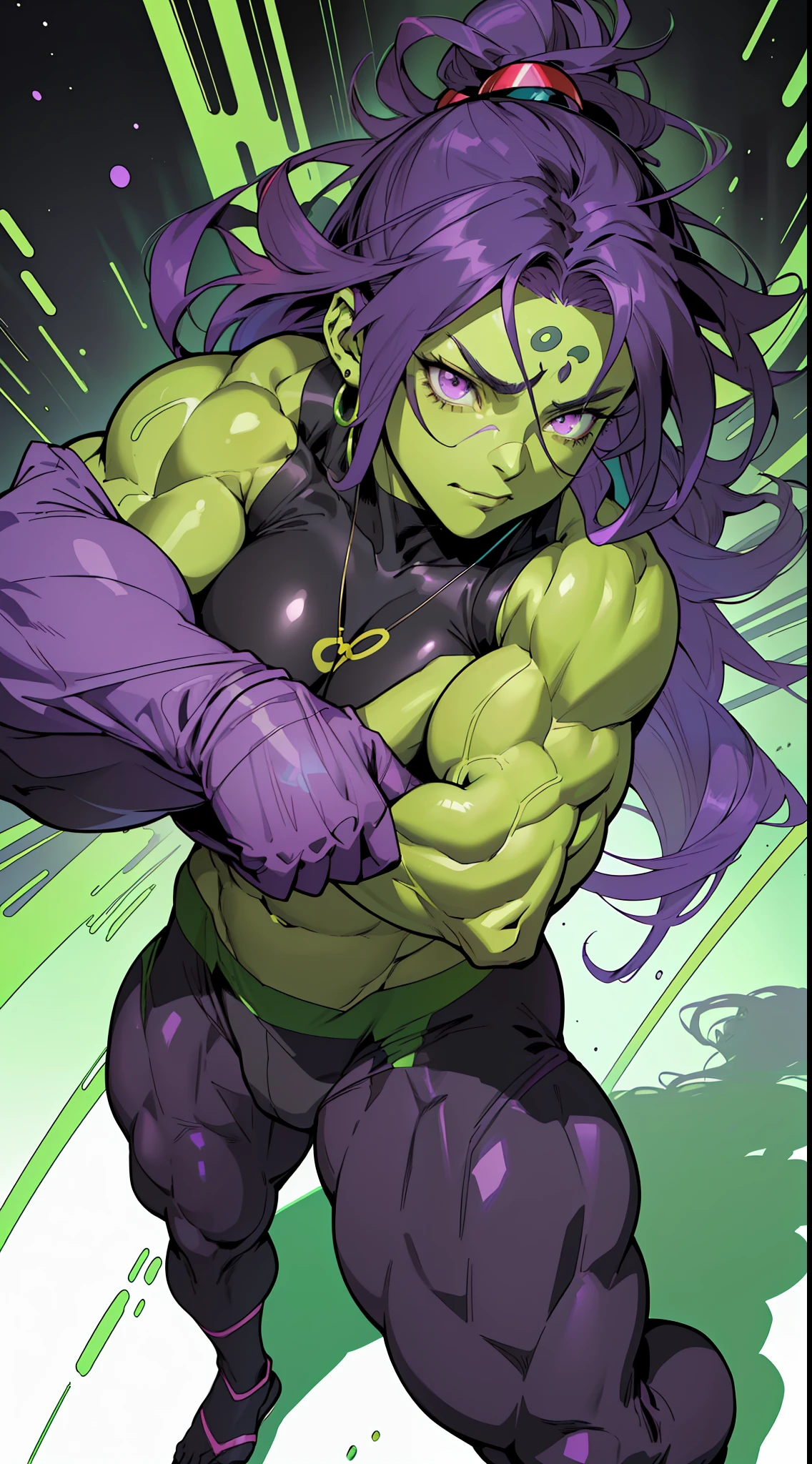 (anime) . Female ((woman (Shehulk))), (((purple eyes + purple hair, + green skin))), in the space,  portrait, full body . (Masterpiece: 1.8), (64k quality), (final fantasy artwork concept), detailed (manga eyes + hair + clothes + body + face + colors + shoulders + eyes (globular + transparent + liquid) + (sharper drawings) + (shiny jewelry) + (clothes folds) + (rounded eyes) + (consistent clothes) + (clothing features) + (eyes line), better (colorful + (coarser line) + (black line) + finishing . [Drawing] (Anime (Manga (Comics))) + (Coarse Line: 1.8) + (Black Line: 1.8) + (Color: 1.8) + (Clean: 1.8) + (Contrast: 1.8) + (Black Outline: 1.8) + (adjusted colors: 1.8) + (shadow set: 1.8) + (manga eyes: 1.8) + ((muscle: 2.0)) + ((bodybuilder: 2.0)), ((made homogeneous: 1.3))