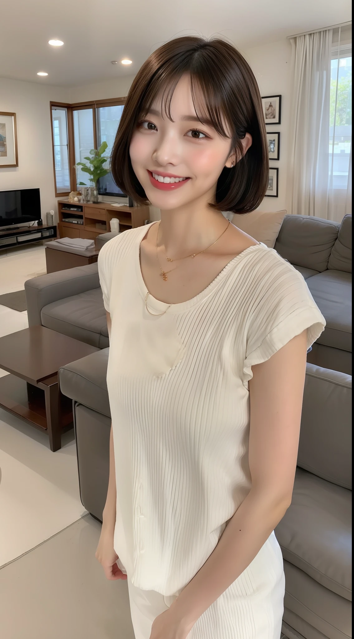 8K raw photos、hight resolution、a closeup、Smaller chest、Laugh、Bob Hair、(Woman standing:1.6)、(Living room at home:1.5)、Fashionable clothes、beautiful thigh、Beautiful knees、beautiful girl of 20 years old、with round face、beautiful eyes finely detailed、long eyeslashes、Beautiful double eyelids、Shorthair、耳Nipple Ring、a necklace、perfect hand、