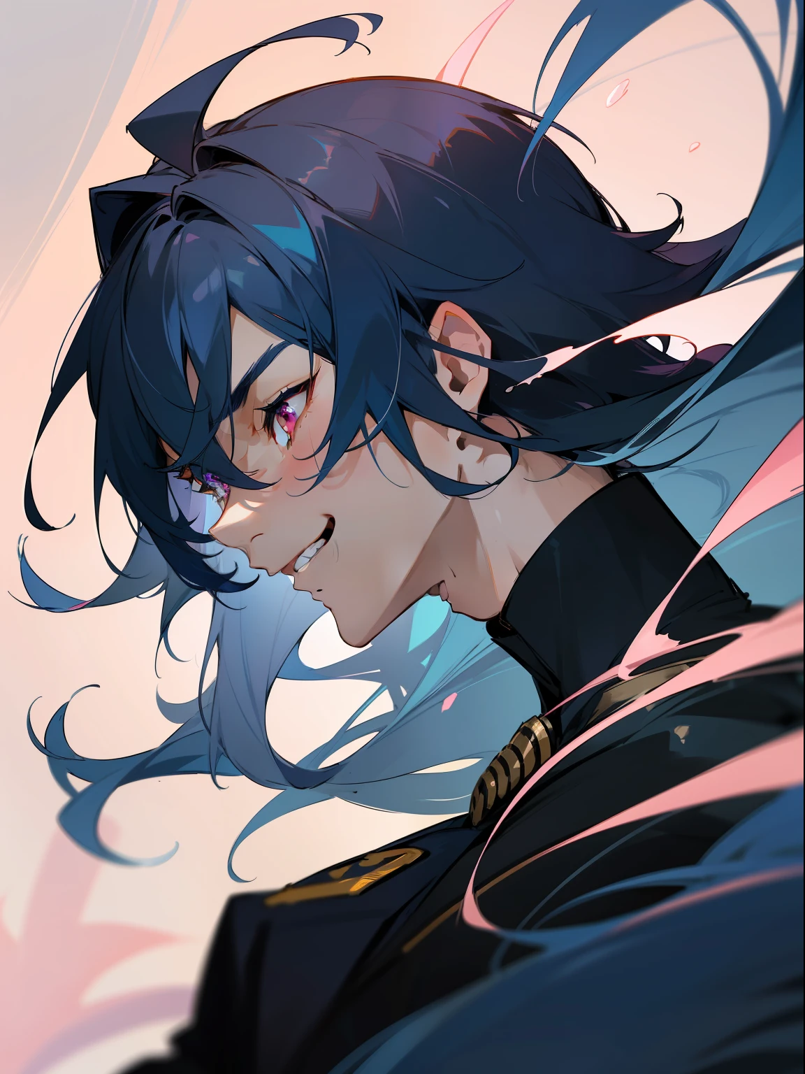 Ultra Detail,Haig Quality,sketch,1boy,matured male,Beautiful face,(Navy blue hair,Outer hair:1.3),Handsome men,Pearl skin,black tshirt,Moss Green Mod Coat,Dynamic Angle,Japan Anime,Pink eyes,Laugh,Like a cat's eye,city,male in his 20s,face in profile