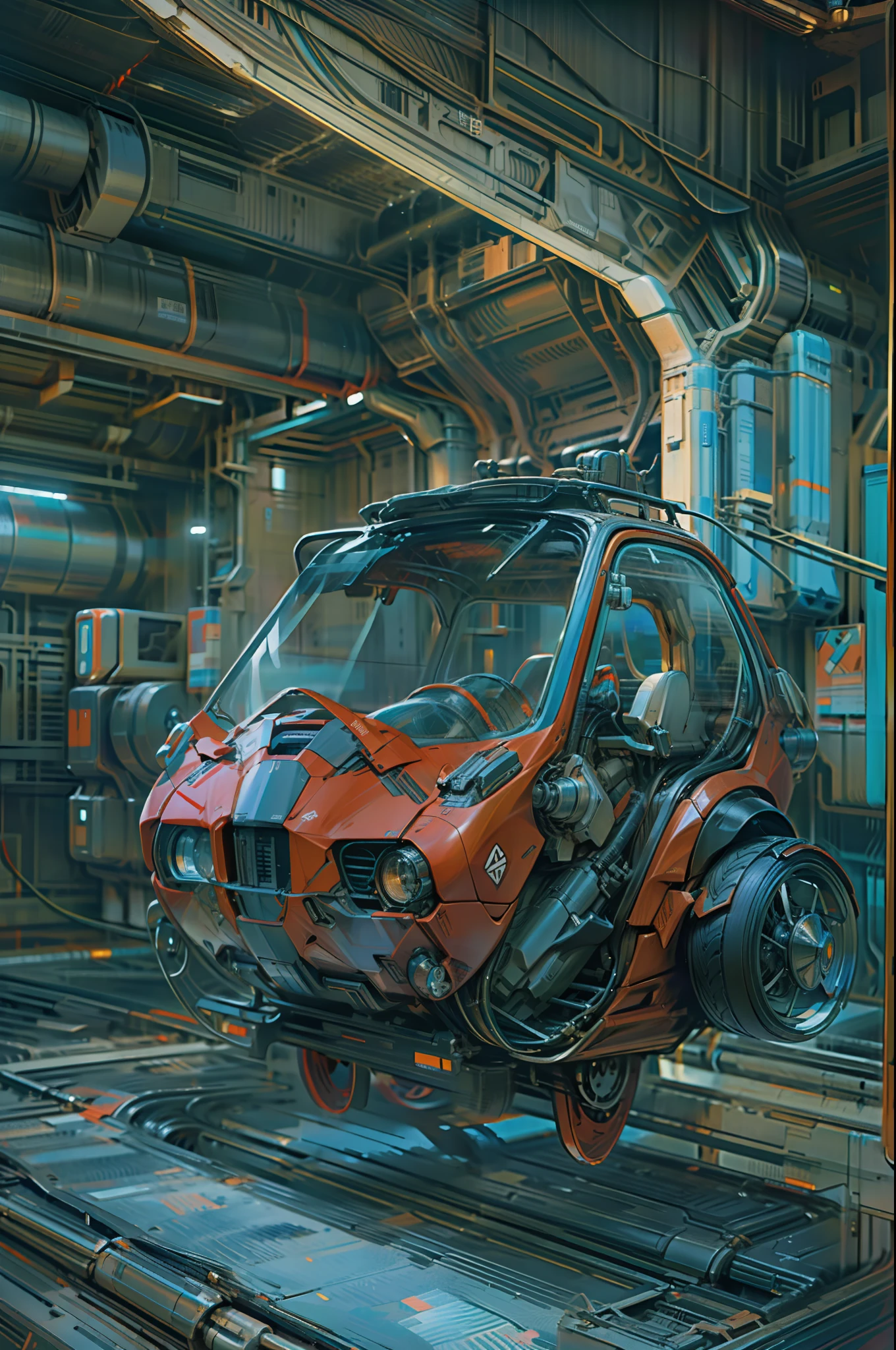 "Bipedal chariot，Transparent shell cockpit，Simple，mechanical vehicles，Single driving，ultra-realistic realism，shadowing，anaglyph，stereograms，full body pov，Atmospheric perspective，Ultra HD in 8K，super detailing，Best quality，nuclear power，Digital cyberpunk animation art"