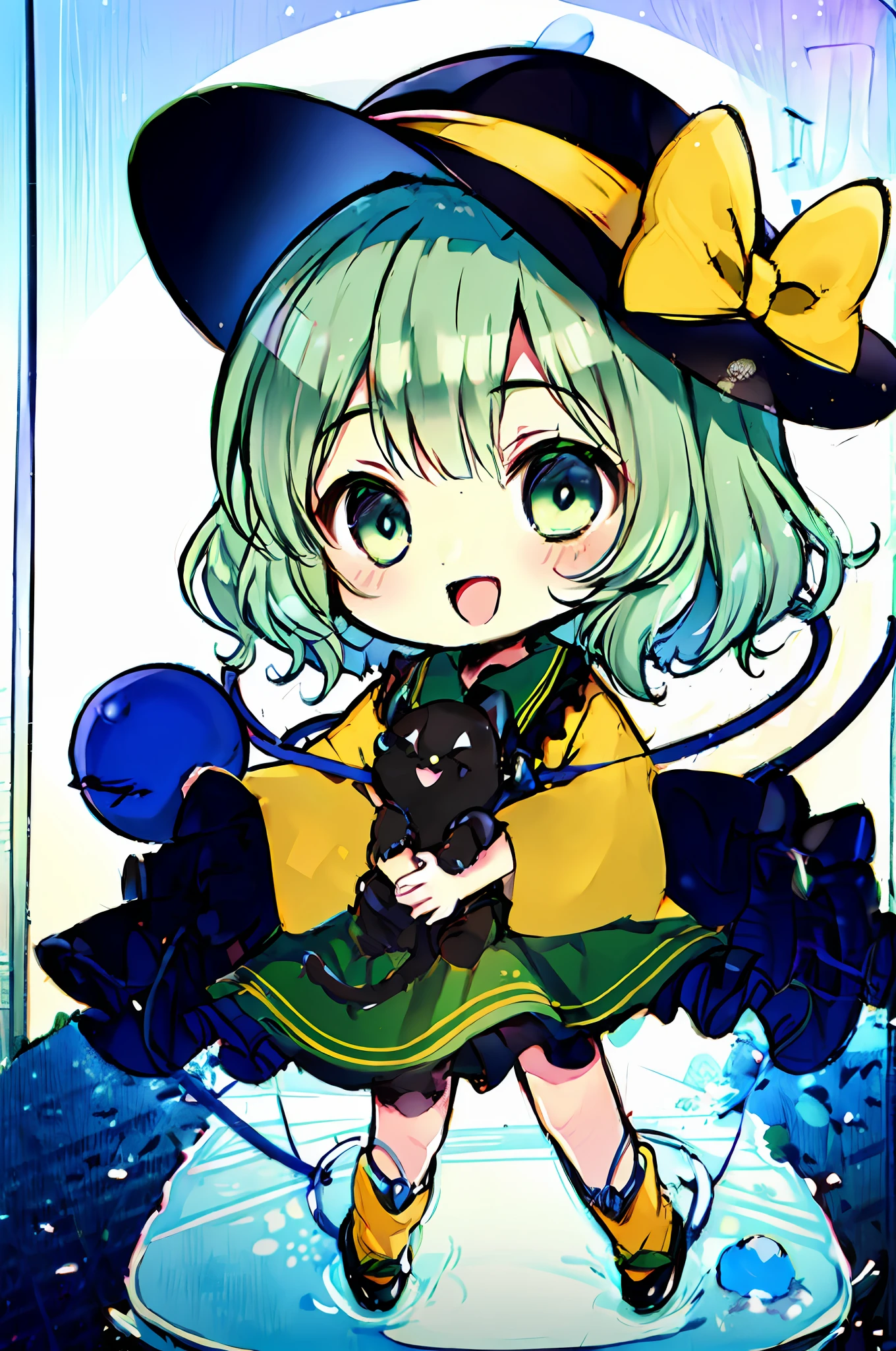 1 girl in、((komeiji koishi))、Light Green Bob Cut、Black hat with yellow ribbon、Black cat、((Holding a black cat))、Holding a cat、kawaii、Smile with open mouth、Chibi、Chibi Chara、(High resolution of the highest quality)、((masterpiece best quality:1.2)), [[broken face]], [[Fused fingers]], [[malformed hand]], [[[[multiple limbs]]]]