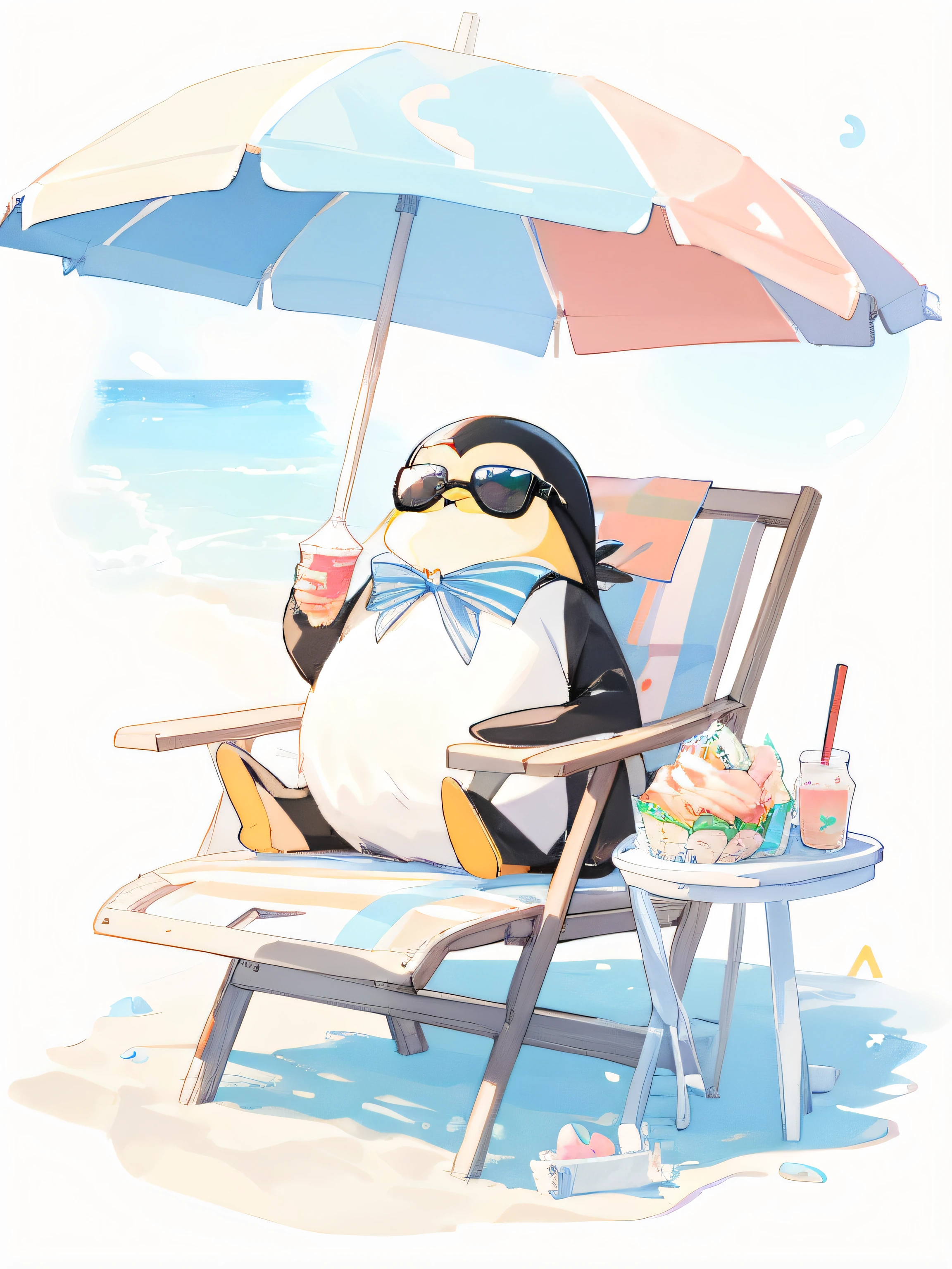 masuter piece、hiquality、Best Quality、Hi-Res、detaileds、ssr、Official、Penguins wearing sunglasses eating ice cream、Cute characters、beach chair、iceberg、Mare