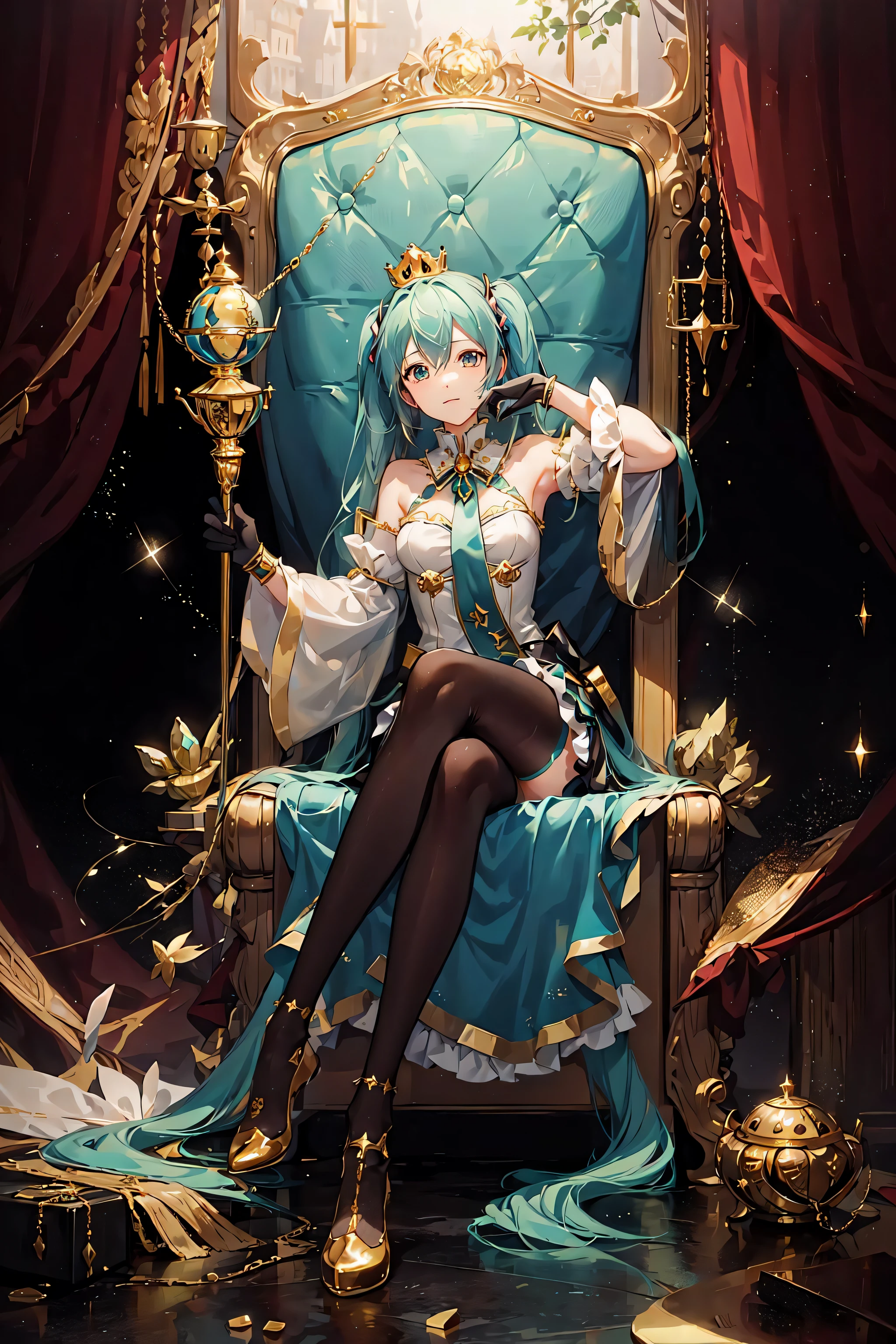 1girl, hatsune miku, princess costume, crown, golden, ((throne)), in a castle, medieval
