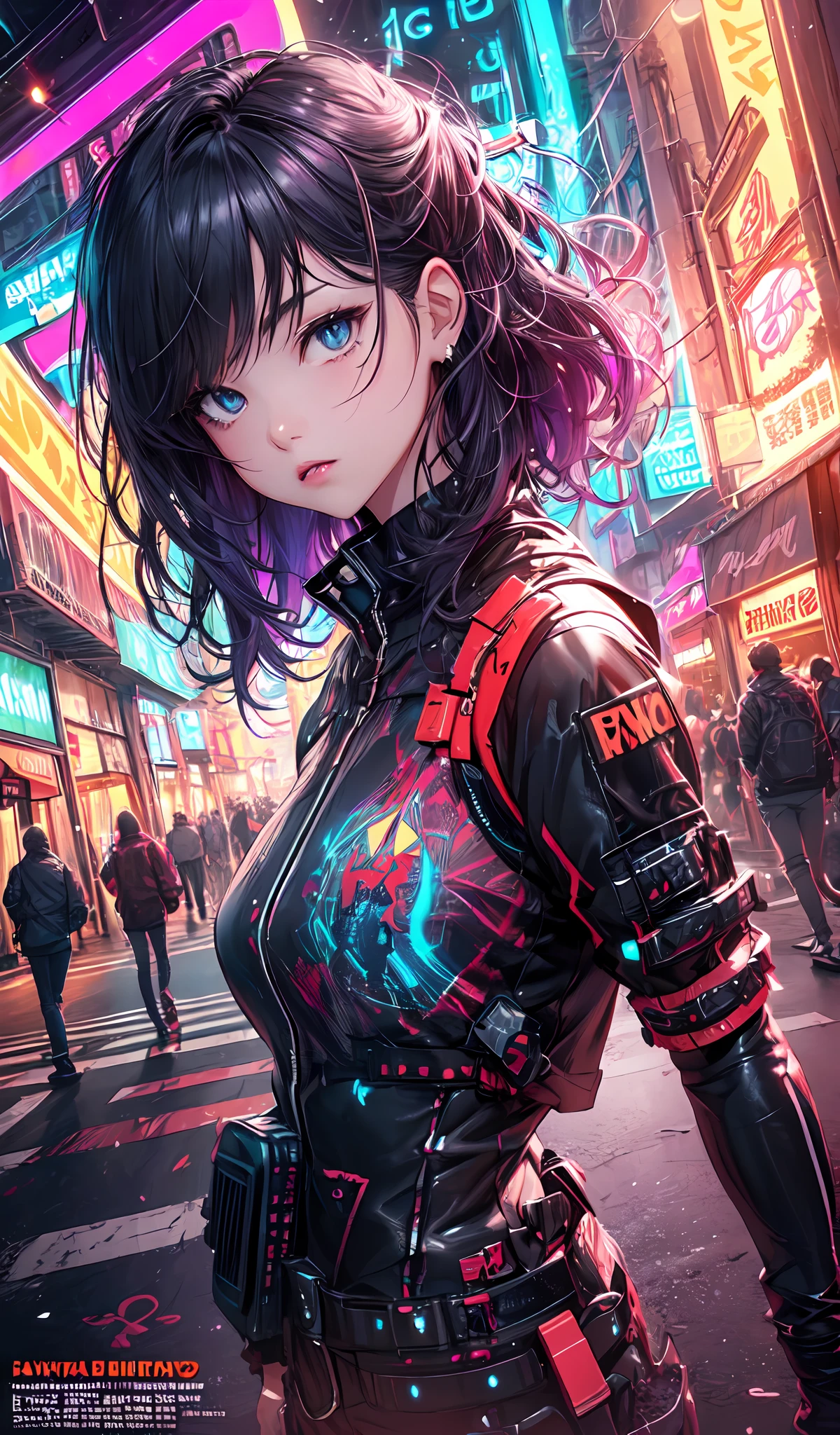 (​masterpiece、top-quality、top-quality、Official art、ighly detailed、Beautifully Aesthetic:1.2)、(1girl in)、(Fractal Art:1.3)、Random hairstyle、Random hair color colorful、FULL BODYSHOT、(CyberpunkＴThe shirt)、animesque、head-mounted displays、neon light detail、Intuitive、City of the Future、sharp、Precise focus、randome pose、cyberpunkcity、street neon lights、insta photo、photo of the year、cinema4d、Dramatic、