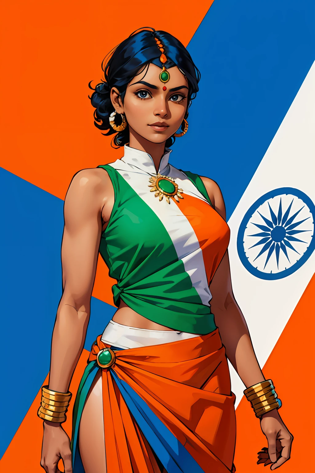 Indian woman Super Hero Orange White and Green and blue Indian clothes India flag