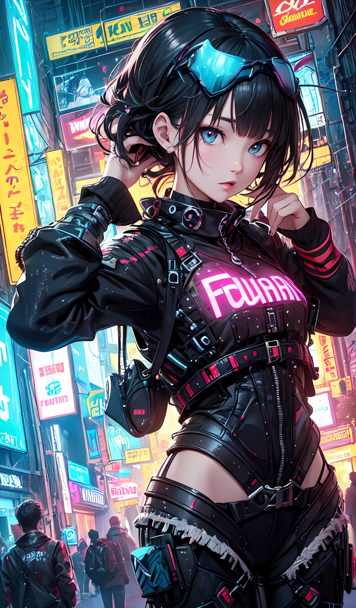 (masterpiece、top-quality、top-quality、Official art、ighly detailed、Beautifully Aesthetic:1.2)、(1girl in)、(Fractal Art:1.3)、Random hairstyle、Random hair color colorful、FULL BODYSHOT、(CyberpunkTThe shirt)、animesque、head-mounted displays、neon light detail、Intuitive、City of the Future、sharp、Precise focus、randome pose、cyberpunkcity、street neon lights、insta photo、photo of the year、cinema4d、Dramatic、