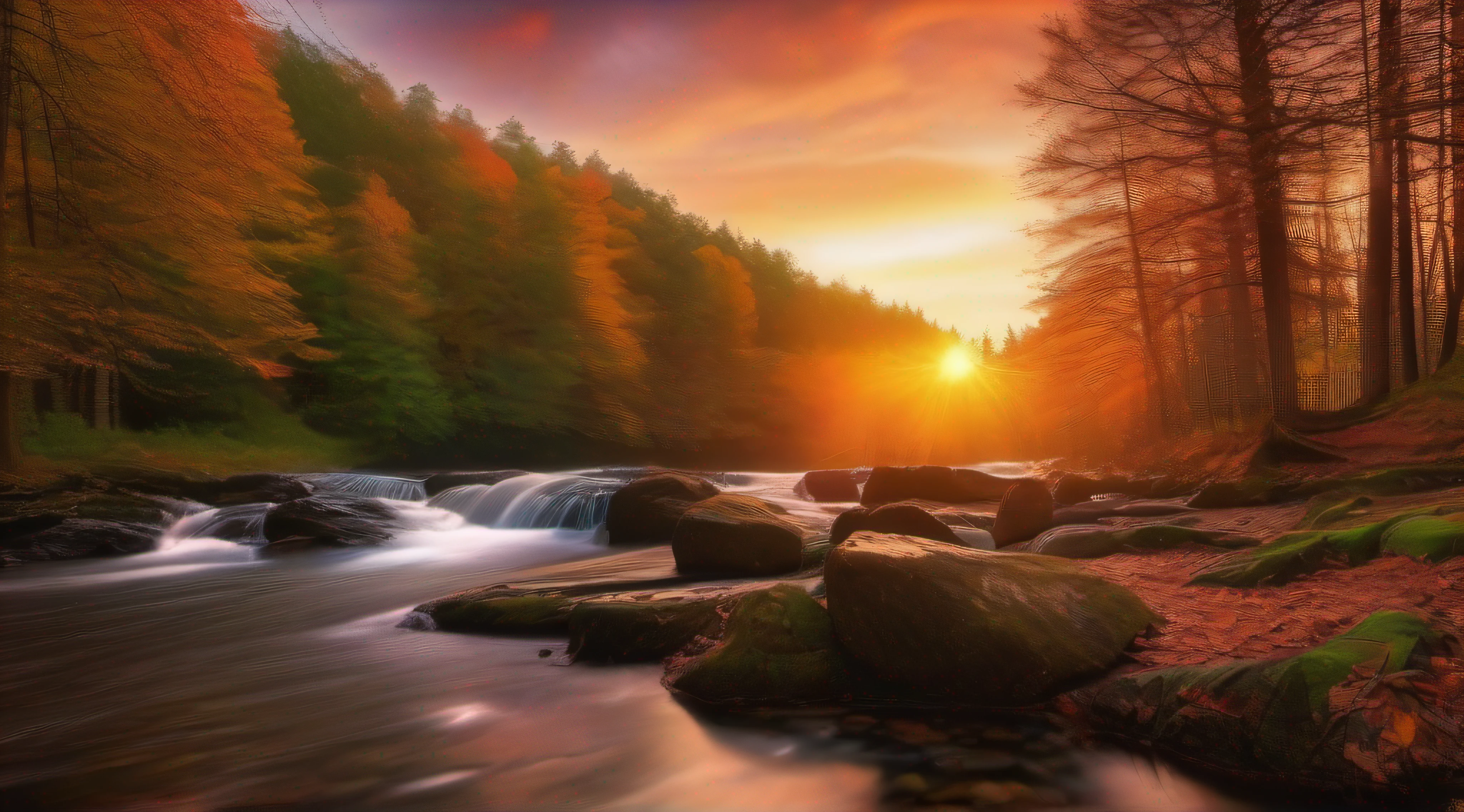 An absolutely mesmerizing sunset over the forrest, with a blend of clouds. filled with autumn colors, The trees must be high detailed, a small waterfall trough the forest, The scene is dynamic and breathtaking, Take in the calming atmosphere and let the peacefulness wash over you.