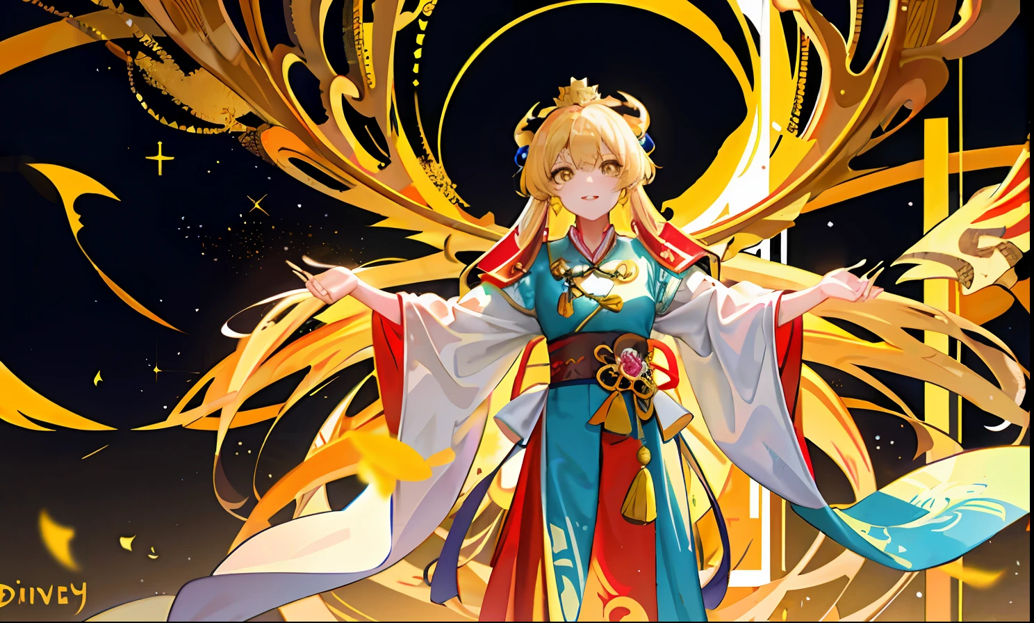 1girll, Qing dynasty yellow dragon flag,Qing dynasty yellow dragon robe,Looking up at the perspective,cabellos largos dorados,Golden eyes,Golden decoration,Divine golden light,divino,Majesty