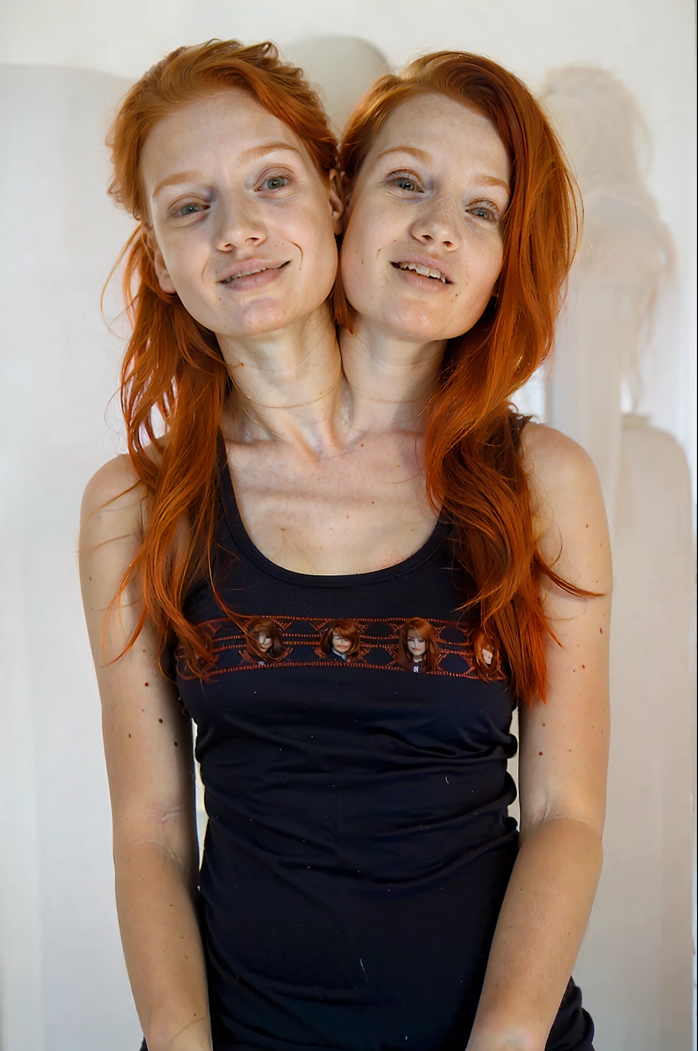 2heads, (two headed girl:1.5), (teen:1.5), (female:1.5), (redhead:1.4), (two heads attached to one body:1.4), conjoined twins, heads side by side, one body, uncomfortable, barefoot