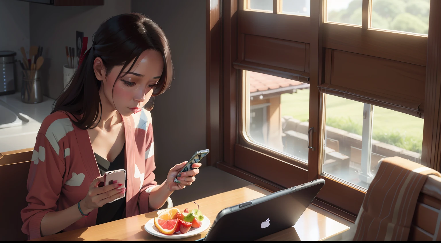 The wife is leisurely eating fruit at home、Smack、playing with mobile phone,Enjoy yourself